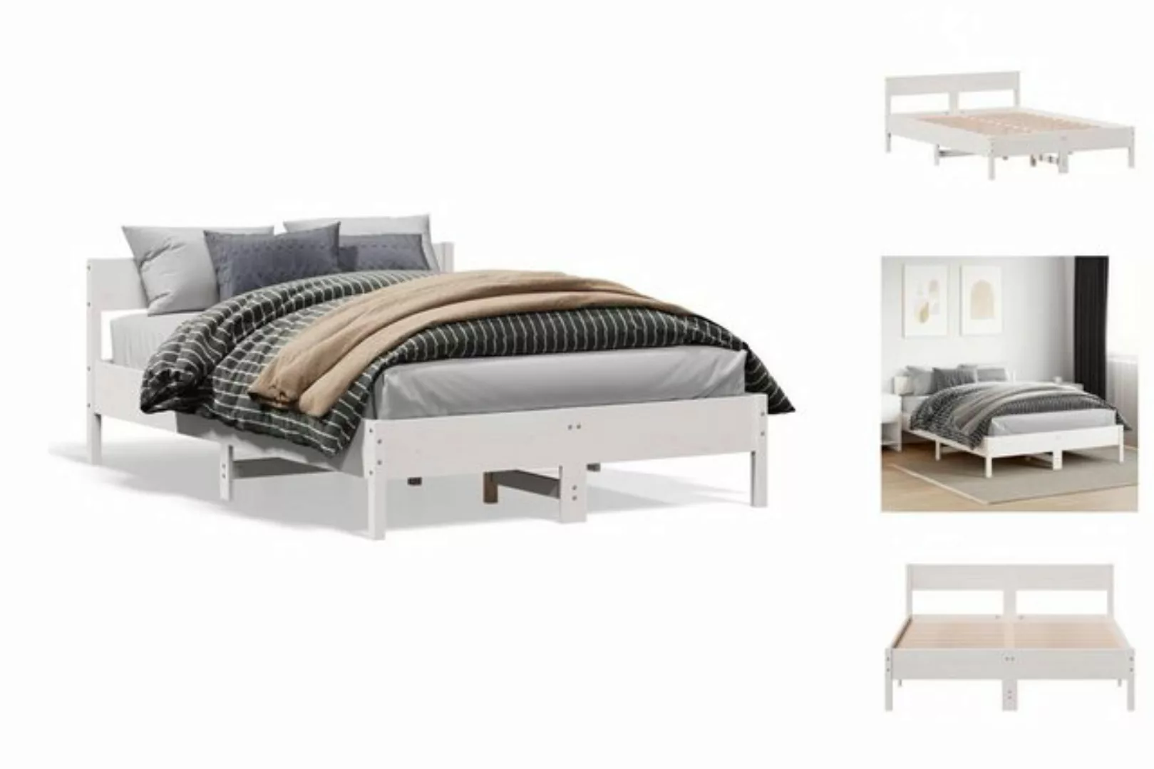 vidaXL Bettgestell Massivholzbett mit Kopfteil Weiß 160x200 cm Kiefer Bett günstig online kaufen