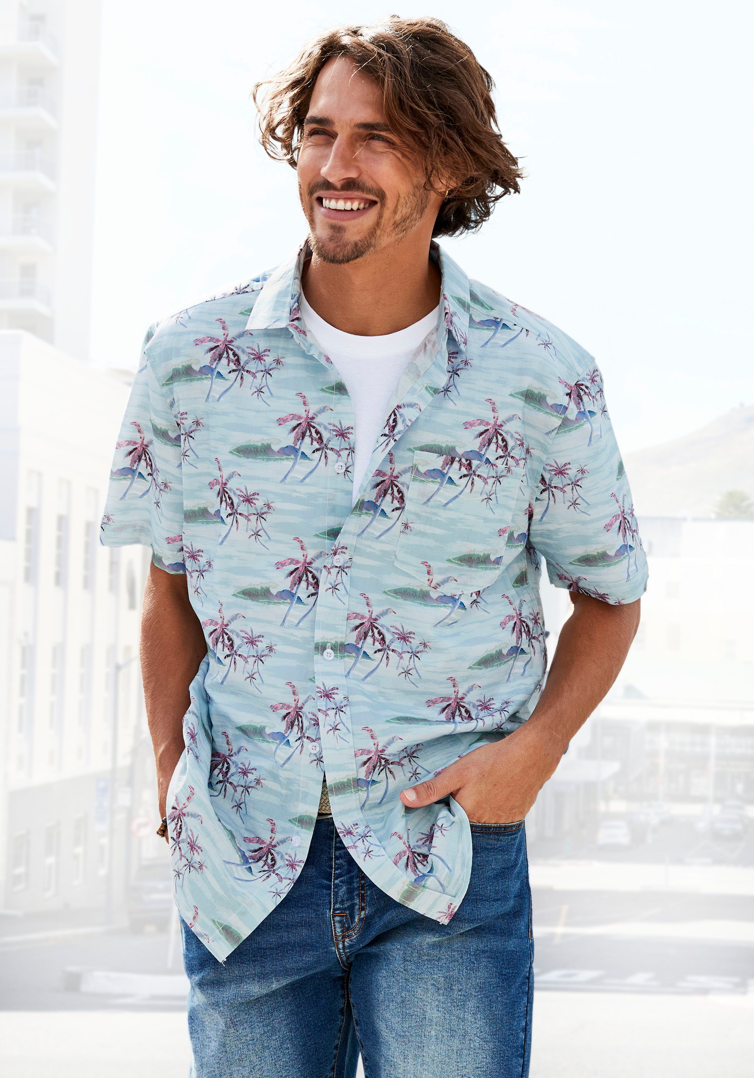 Beachtime Hawaiihemd "Regular fit", Kurzarm, Freizeithemd mit Palmenprint, günstig online kaufen