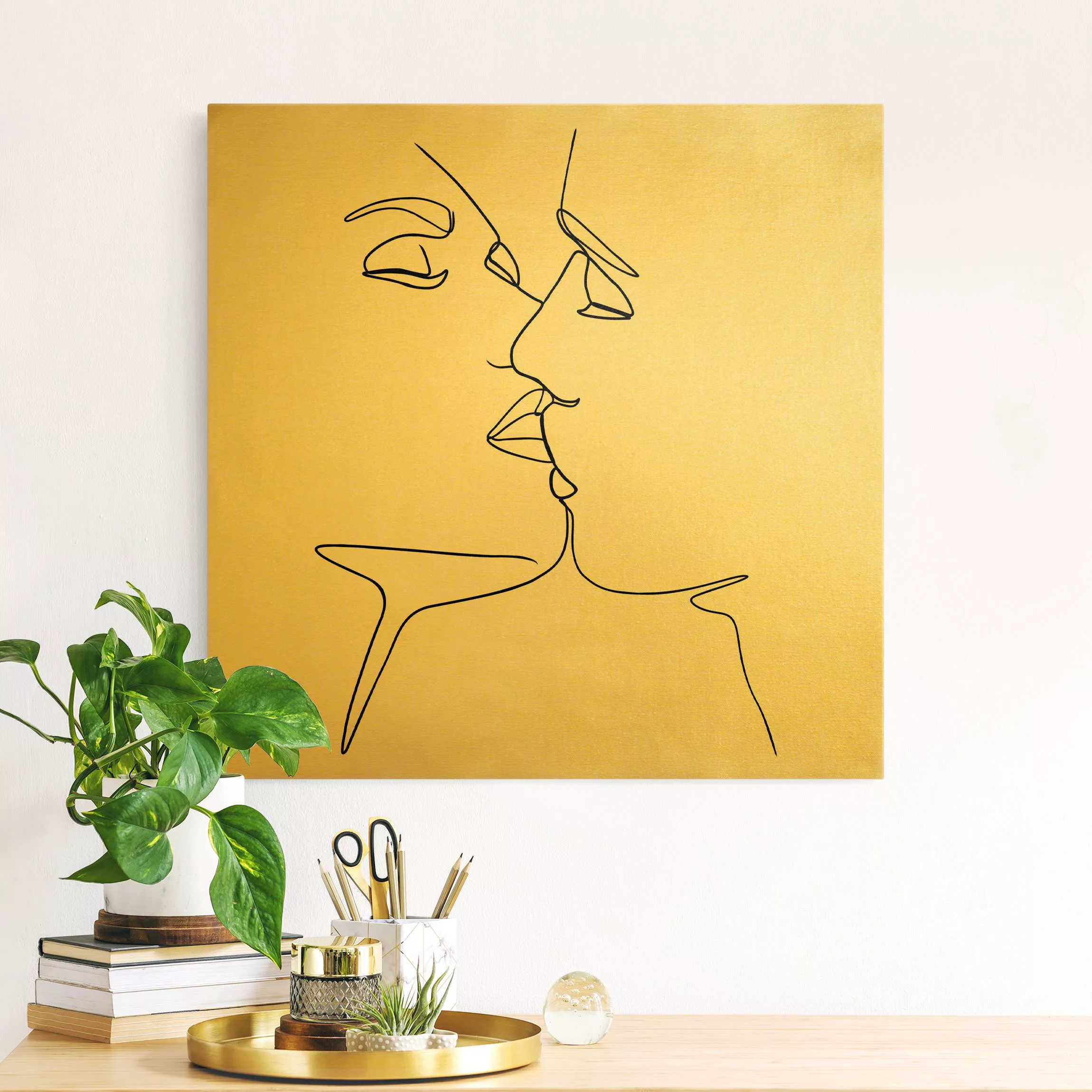 Leinwandbild Gold Line Art Kuss Gesichter Schwarz Weiß günstig online kaufen