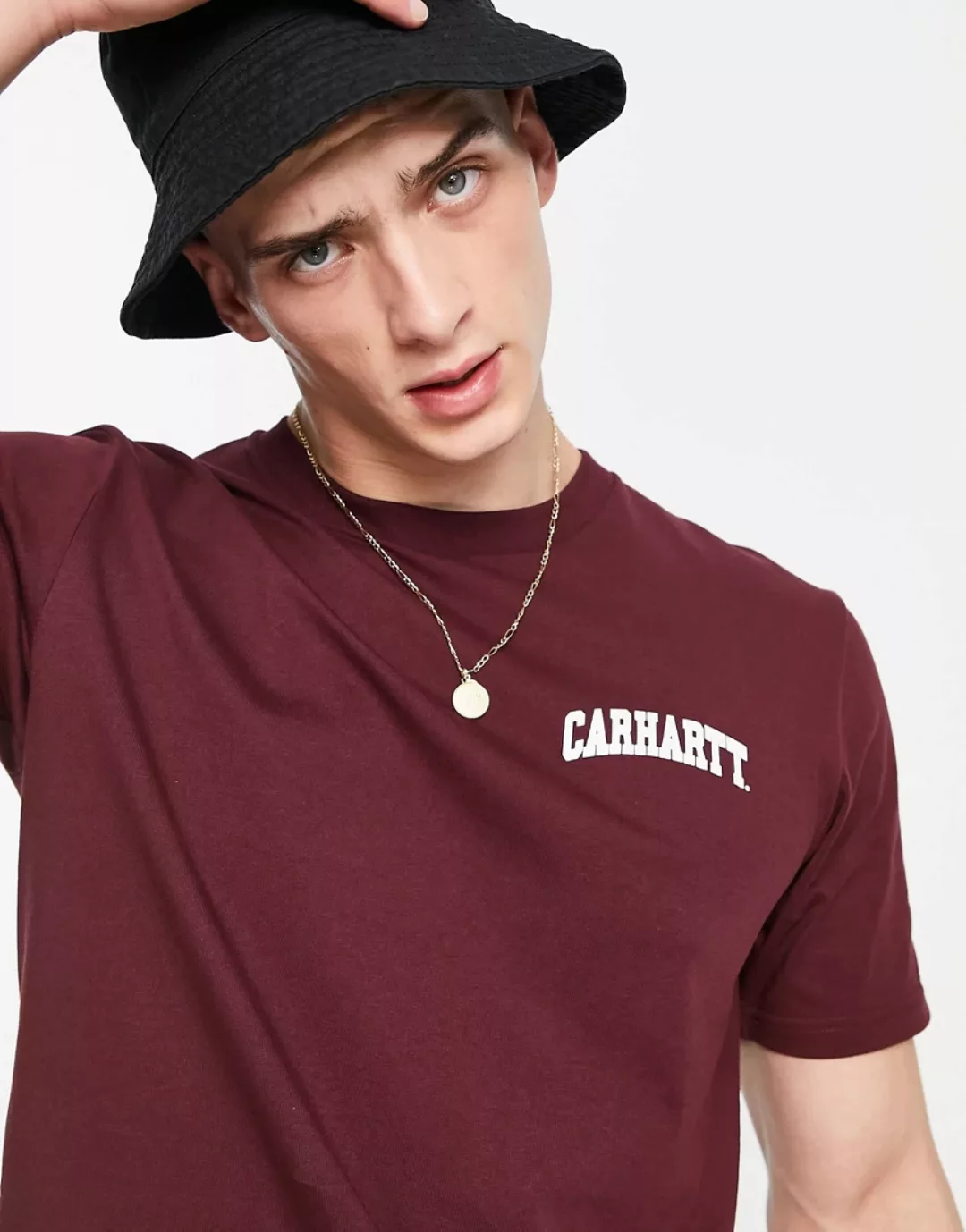 Carhartt WIP – University – T-Shirt in Burgunderrot mit Schriftzug günstig online kaufen