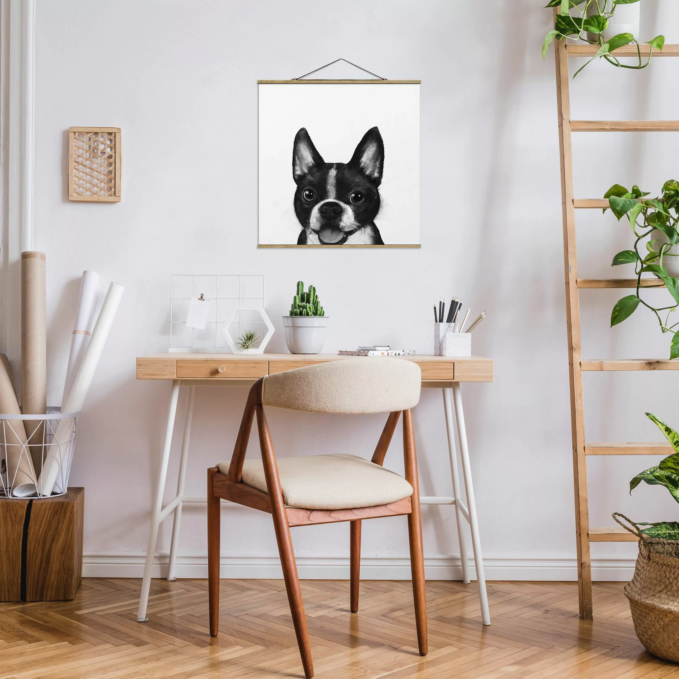 Stoffbild Tiere mit Posterleisten - Quadrat Illustration Hund Boston Schwar günstig online kaufen
