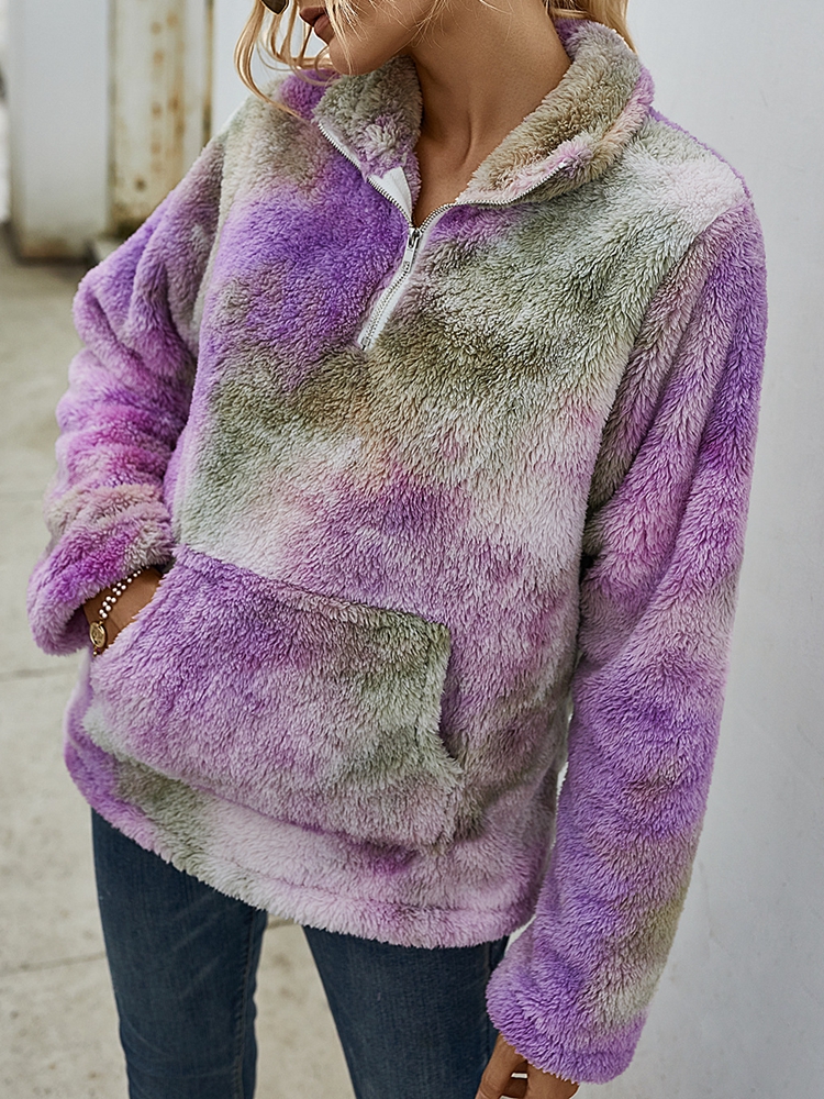 Plüsch Mehrfarben-Langarm-Sweatshirt mit Batik-Farbdruck für Damen günstig online kaufen