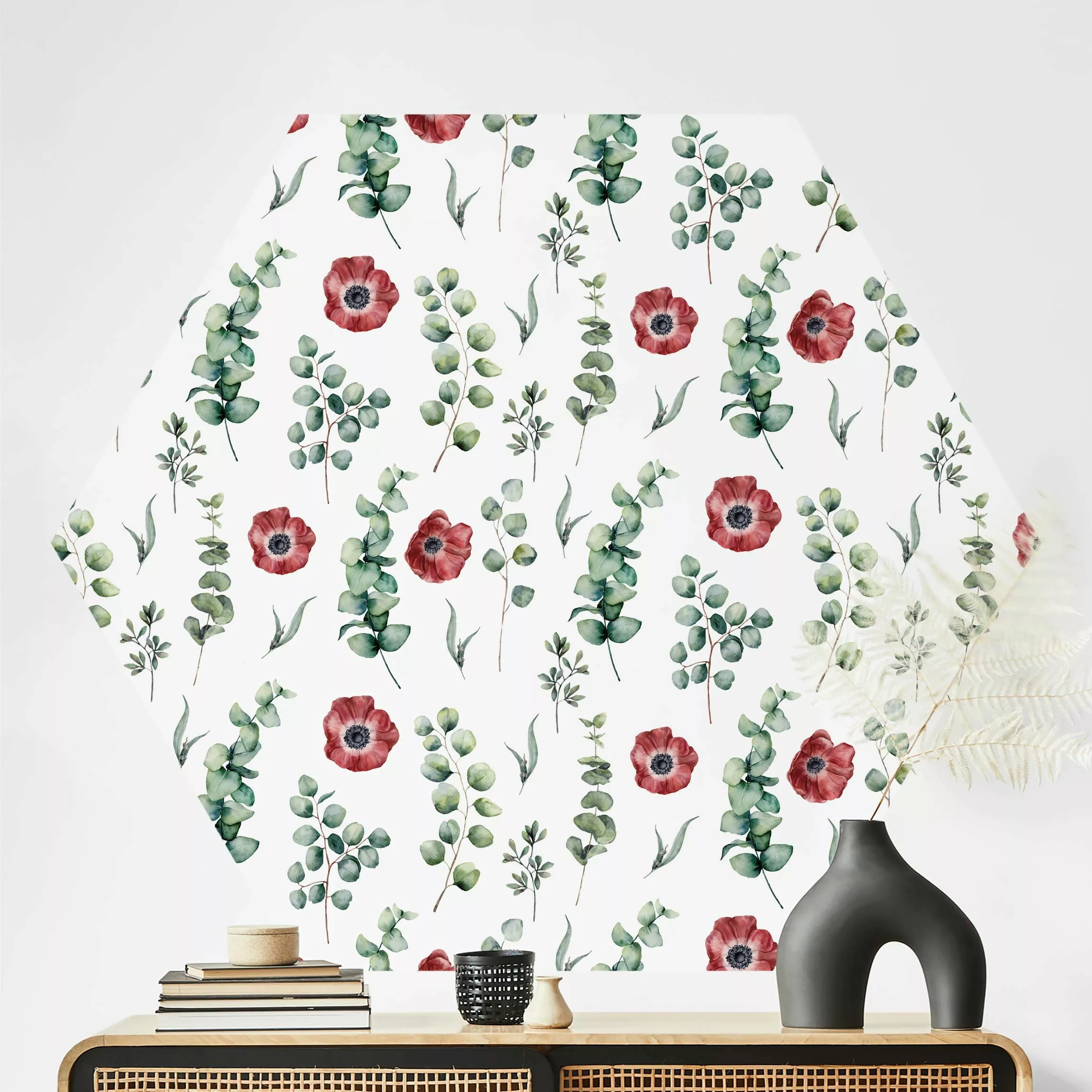 Hexagon Mustertapete selbstklebend Aquarell Muster Eukalyptus und Blüten günstig online kaufen