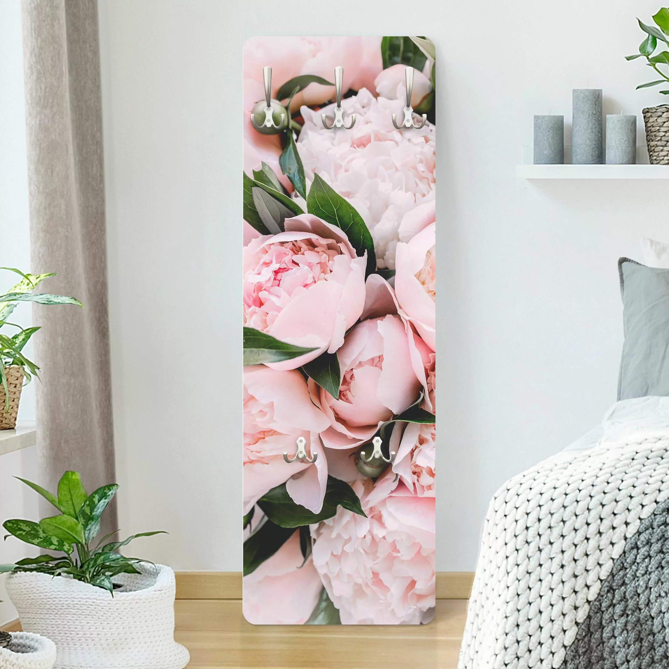 Wandgarderobe Holzpaneel Blumen Rosa Pfingstrosen mit Blättern günstig online kaufen
