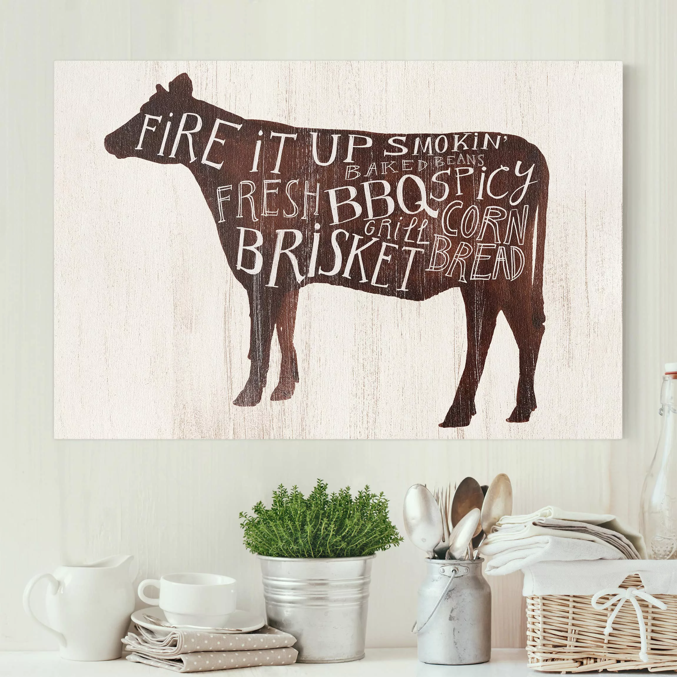 Leinwandbild Küchenspruch - Querformat Bauernhof BBQ - Kuh günstig online kaufen