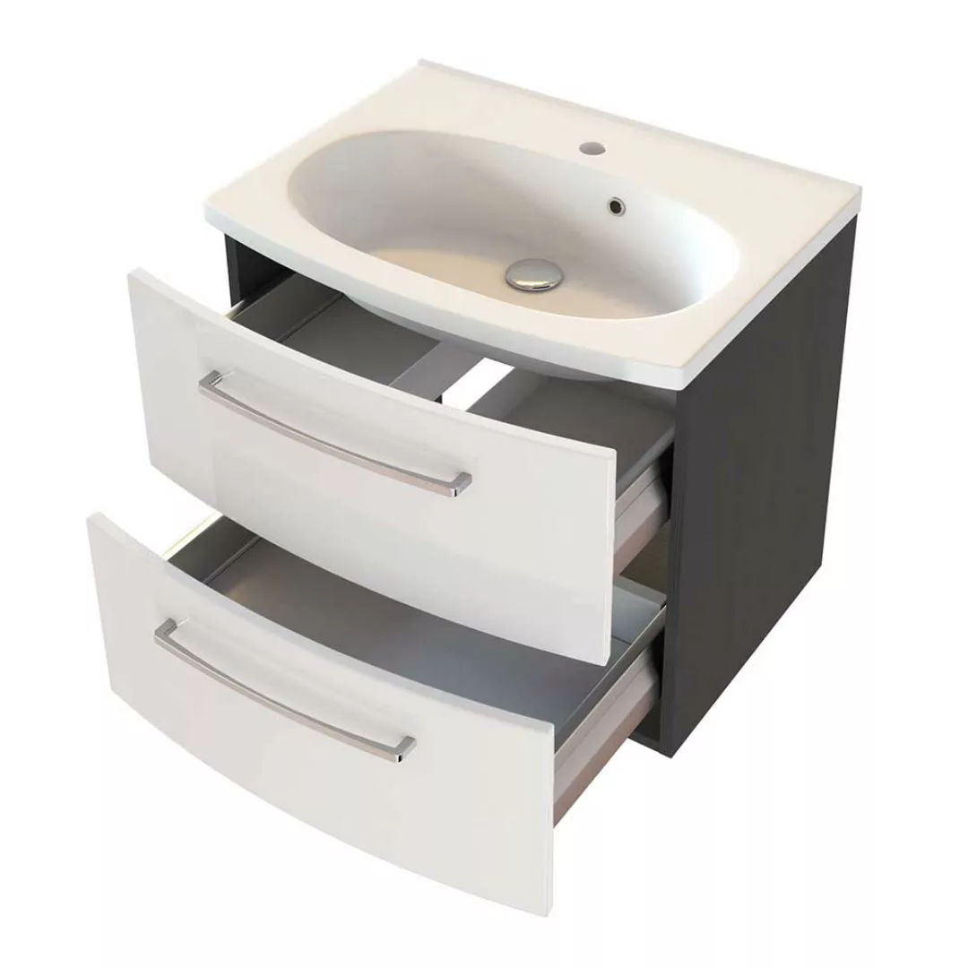 Waschbeckenunterschrank in Weiß Hochglanz und Dunkelgrau 60 cm breit günstig online kaufen