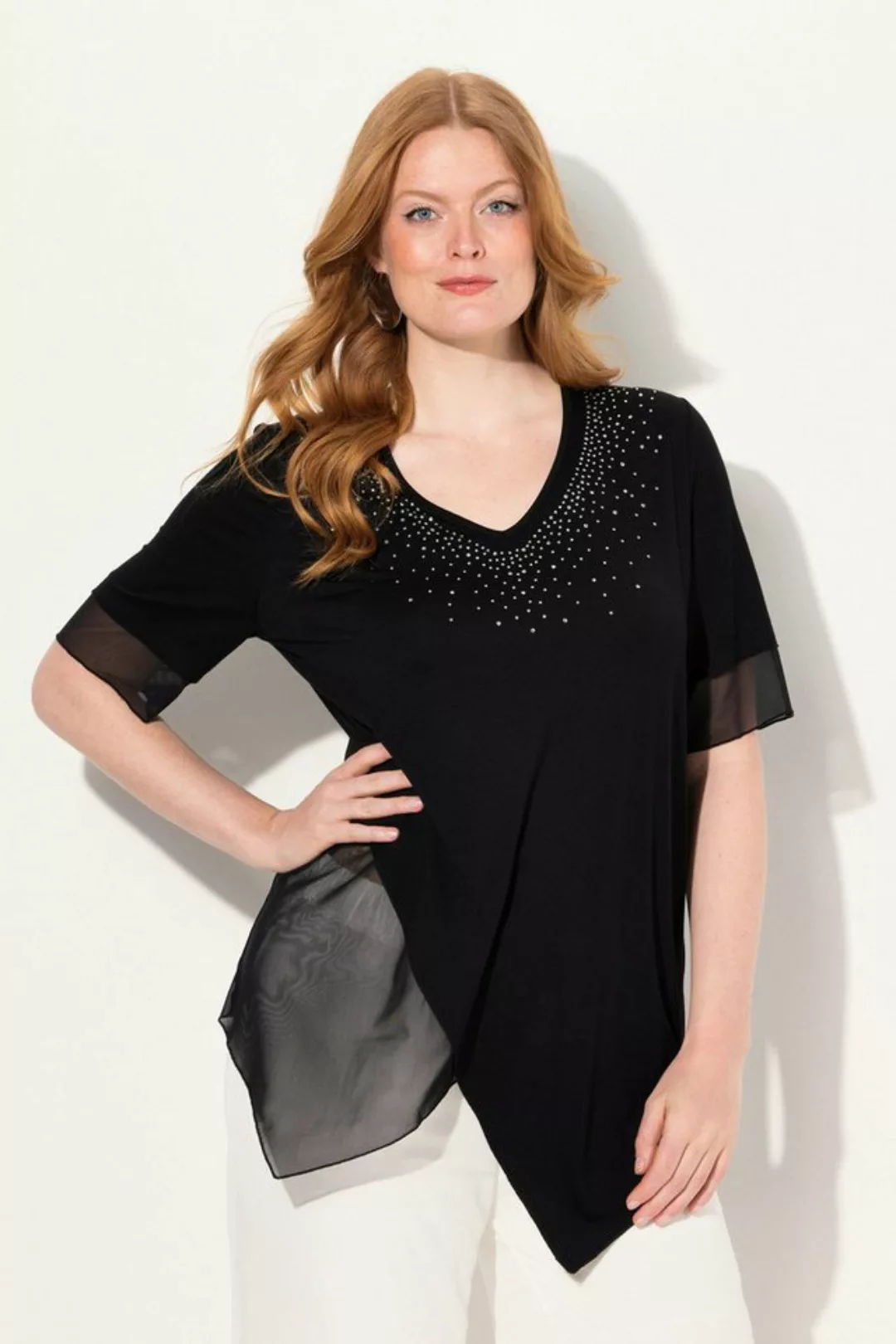 Ulla Popken Druckbluse Bluse Layering-Look Mesh/Jersey Zipfelsaum günstig online kaufen