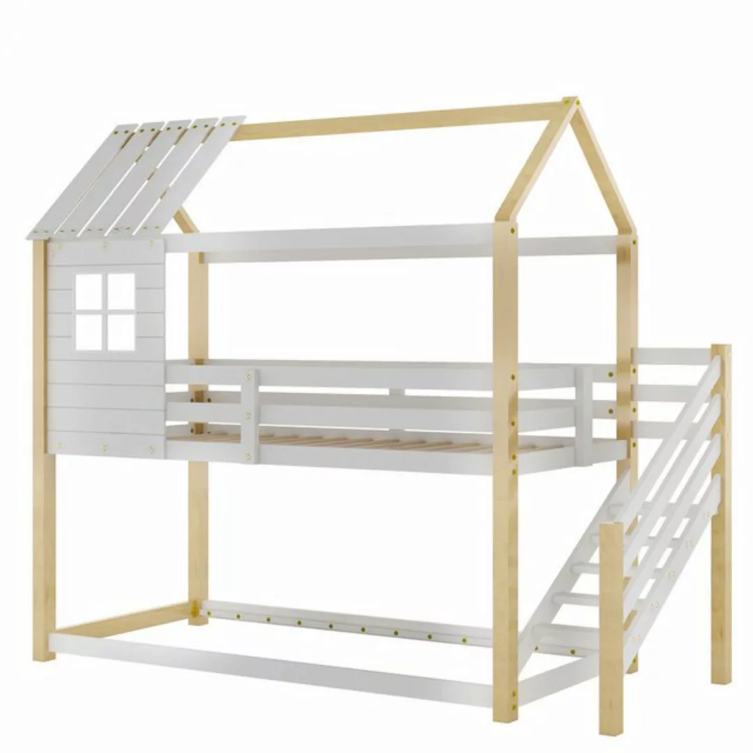 Flieks Etagenbett, Hochbett mit Treppe Hausbett Kinderbett Kiefer 90x200cm günstig online kaufen