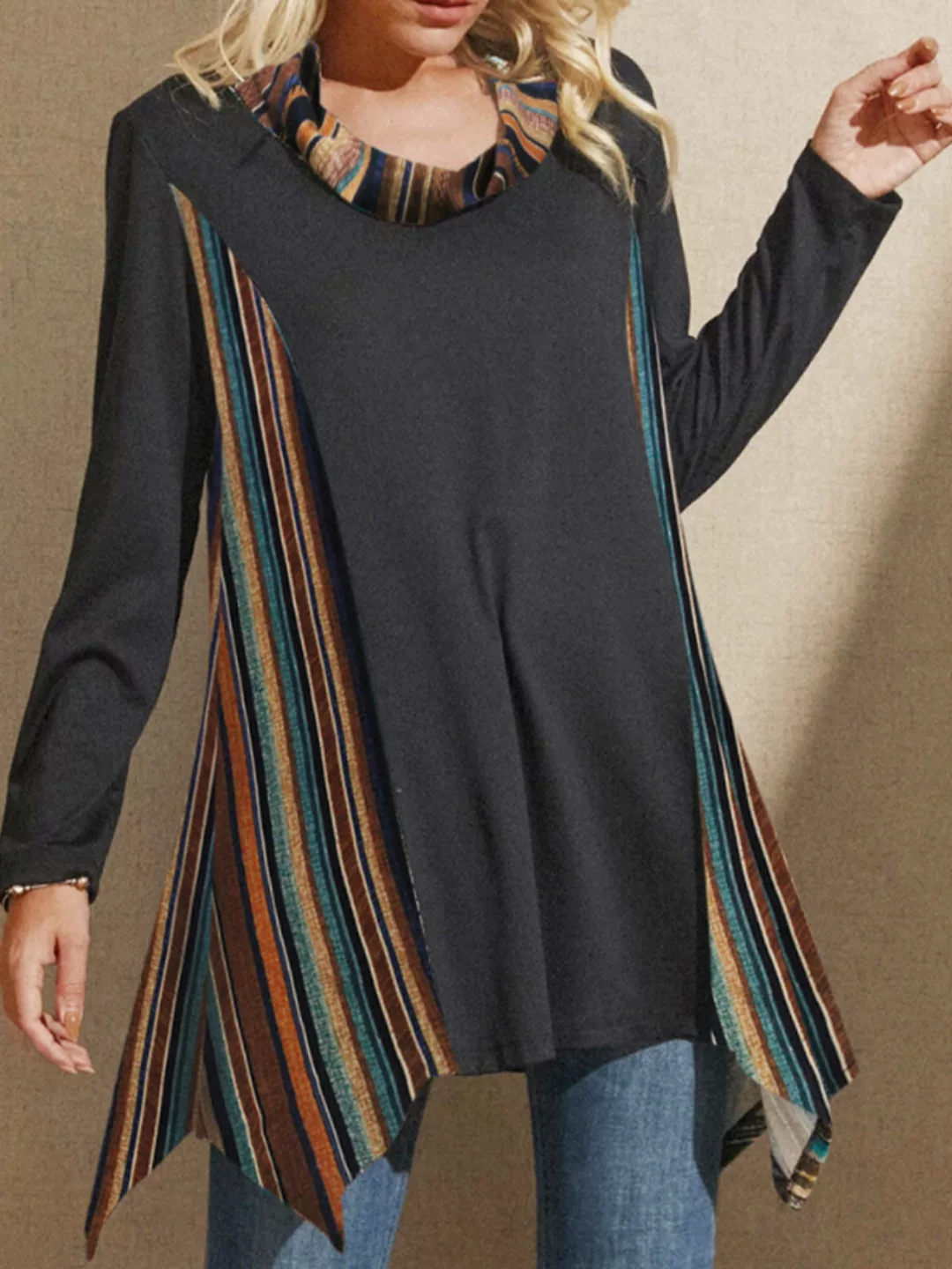 Asymmetrischer Saum High-Neck Striped Print Langarm Vintage Plus Größe Blus günstig online kaufen