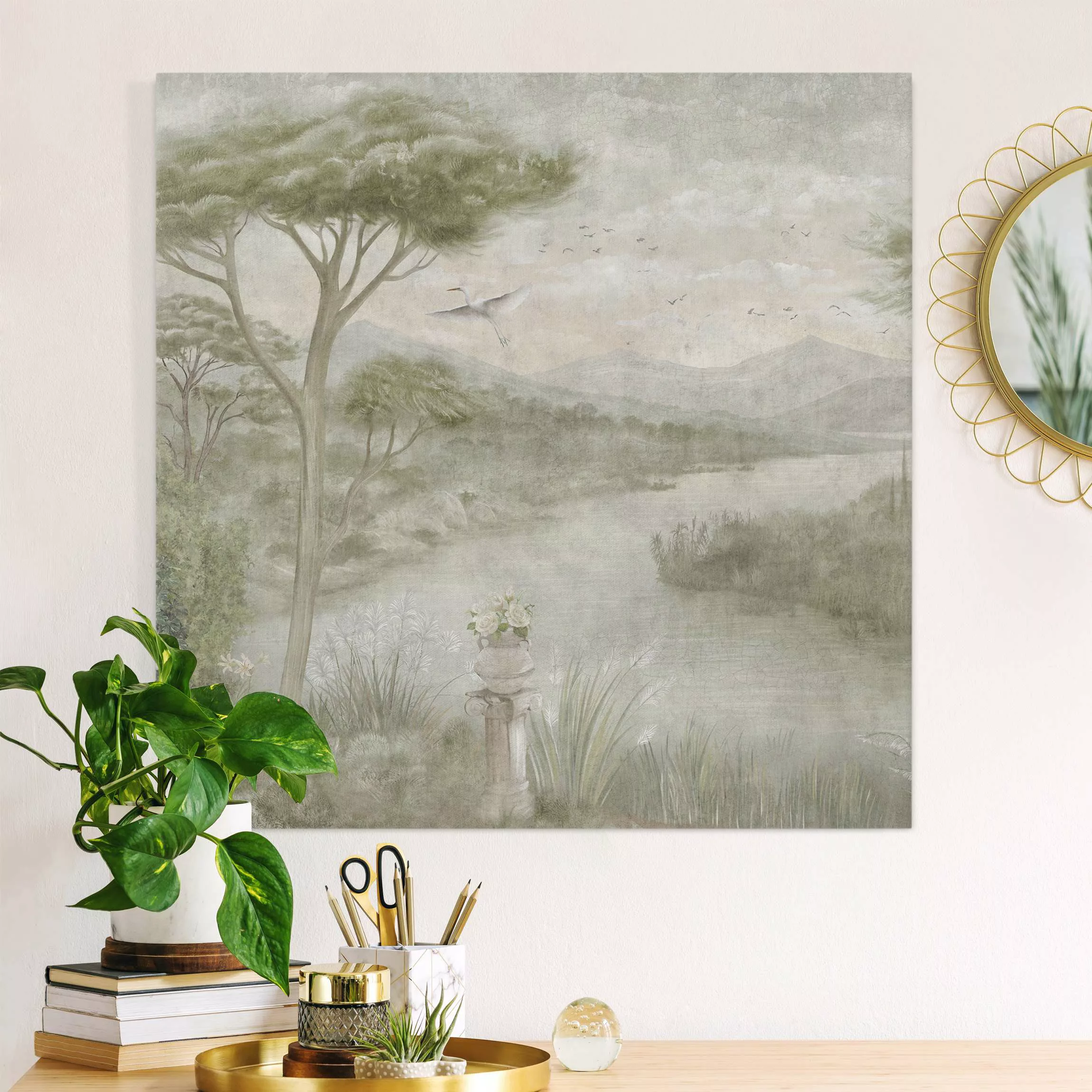 Leinwandbild Pastellgrüne Landschaft mit Kranich günstig online kaufen