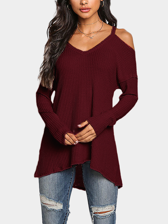 Red Cold Shoulder Langarm-Strickoberteil günstig online kaufen