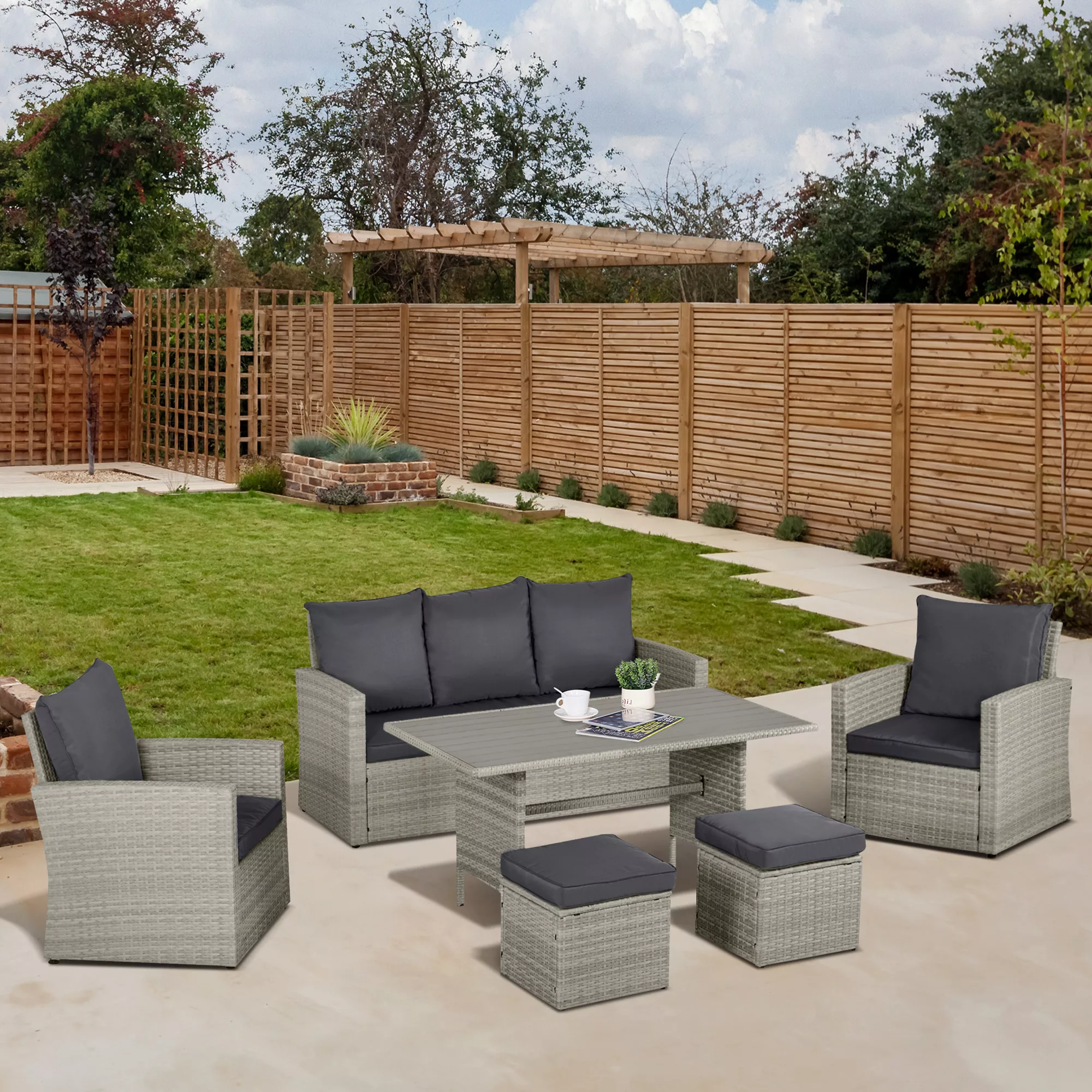 Garten Essgruppe mit Sofa-Set, Lounge & Hocker, ideal für Hof & Balkon, PE günstig online kaufen