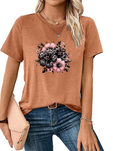 PYL Kurzarmshirt Damen Sommer Casual T-Shirt mit Blume Print Tee günstig online kaufen