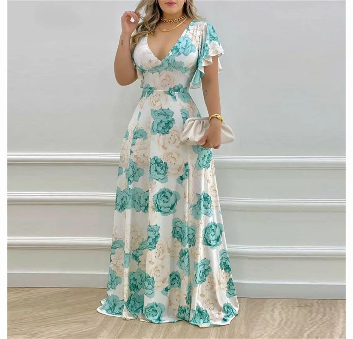 RUZU UG Dirndl Kleid Frauen Sommer Floral Pendeln V-Ausschnitt Taille Druck günstig online kaufen