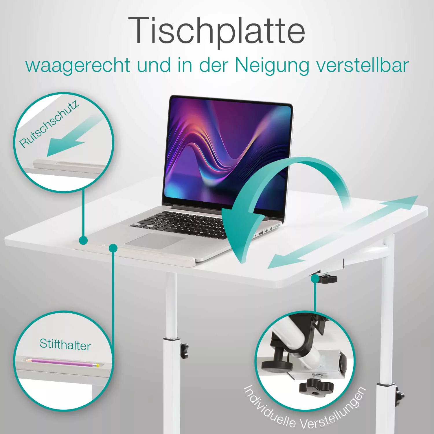 Büro- und Beistelltisch, höhenverstellbar 65,5-90 cm, mit Rollen, weiß günstig online kaufen