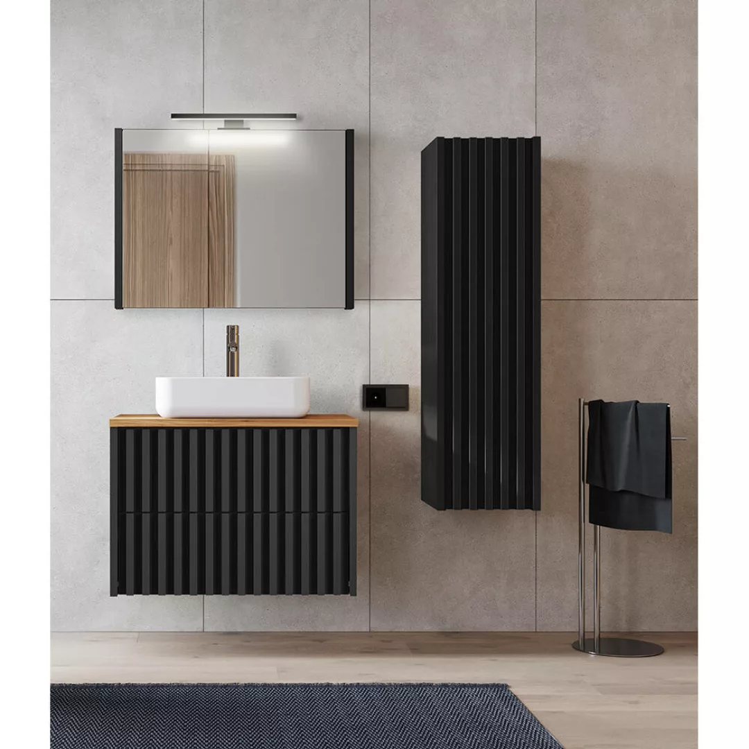 Badmöbel Set mit 80 cm Waschtisch, Spiegelschrank NANTES-107 in schwarz mit günstig online kaufen