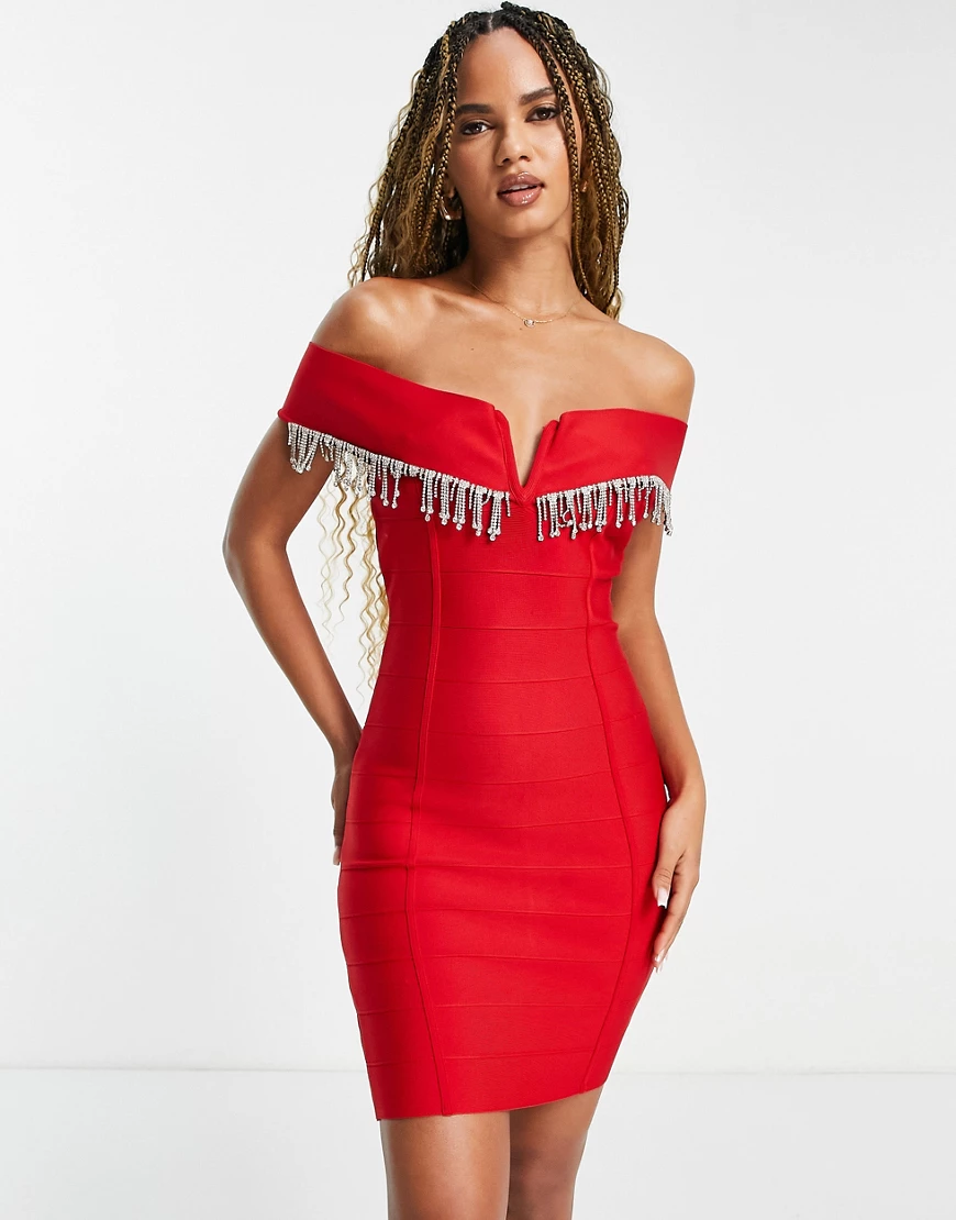 Band Of Stars – Schulterfreies Bodycon-Kleid in Rot mit Fransenbesatz günstig online kaufen