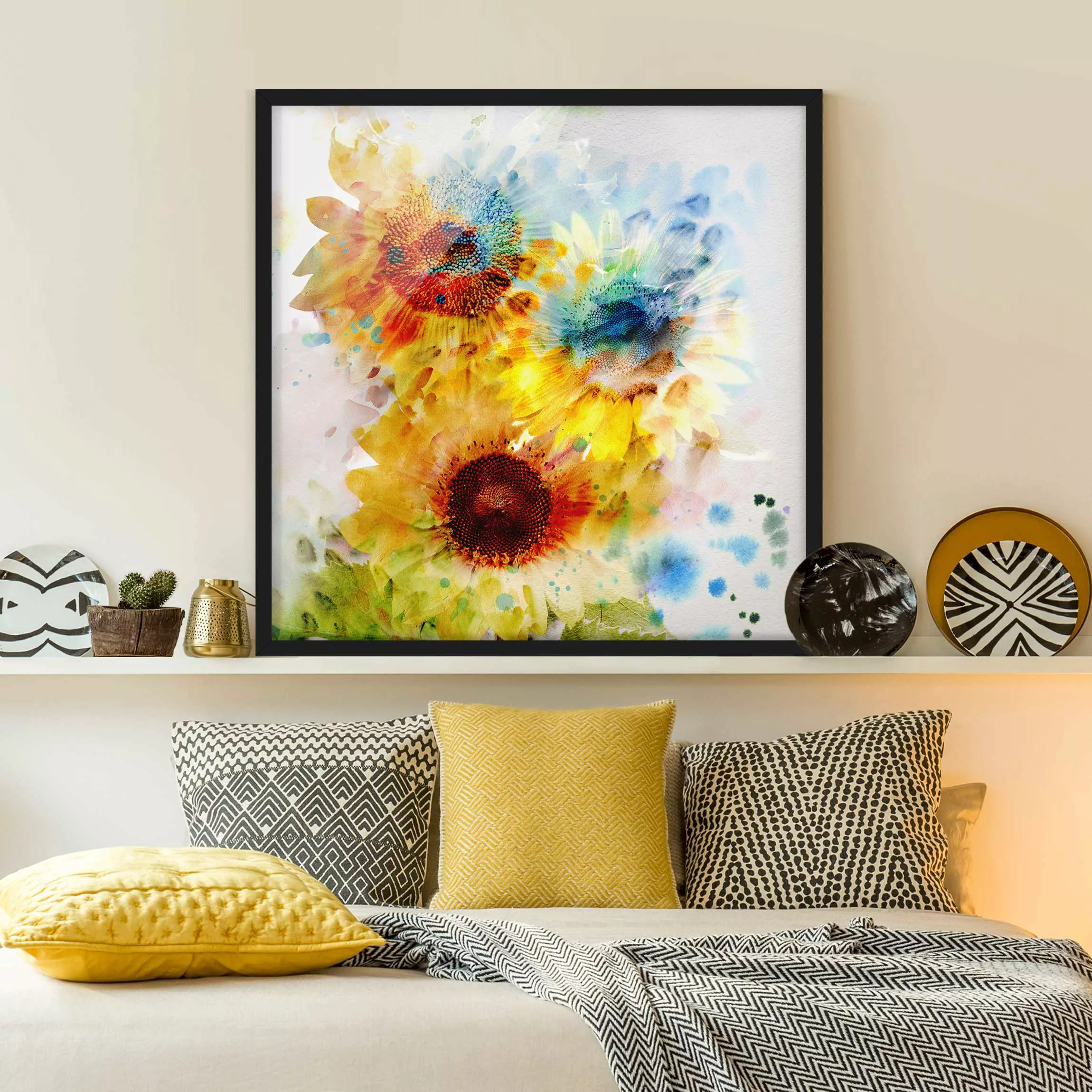 Bild mit Rahmen Blumen - Quadrat Aquarell Blumen Sonnenblumen günstig online kaufen