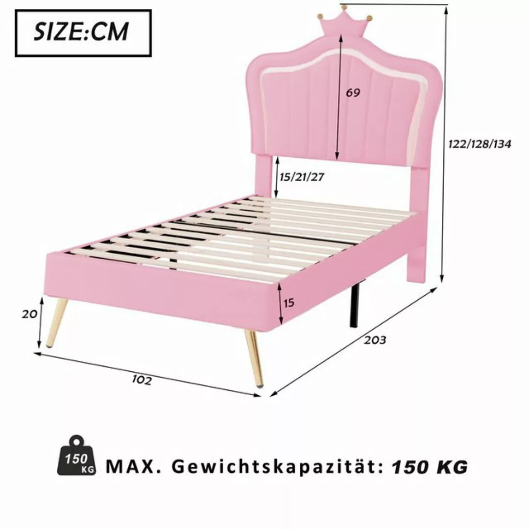 Ulife Kinderbett Polsterbet 90 x 200 cm, Kopfteil mit Rosa Krone, LED, PU-L günstig online kaufen