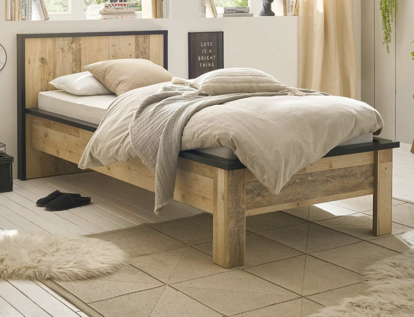 Furn.Design Einzelbett Stove (Bett in Used Wood Und Anthrazit, Liegefläche günstig online kaufen