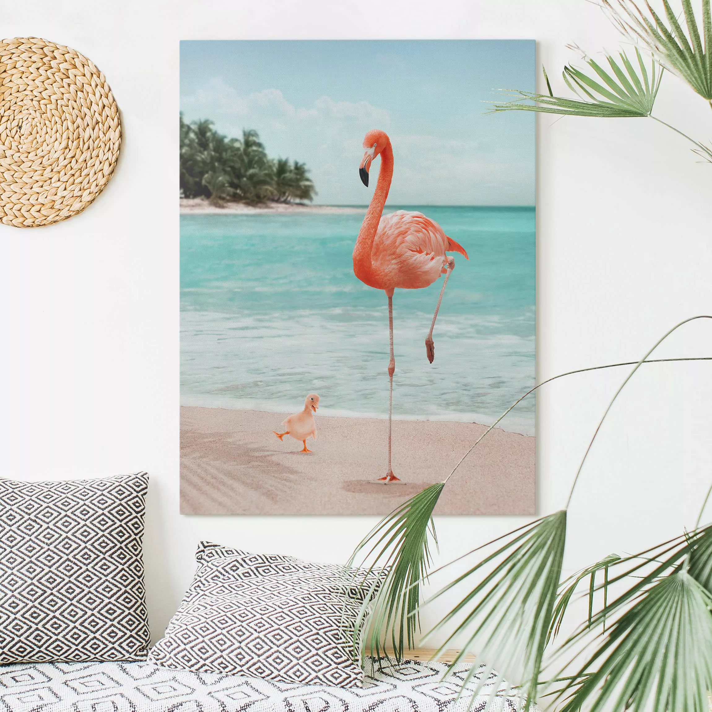 Leinwandbild - Hochformat Strand mit Flamingo günstig online kaufen