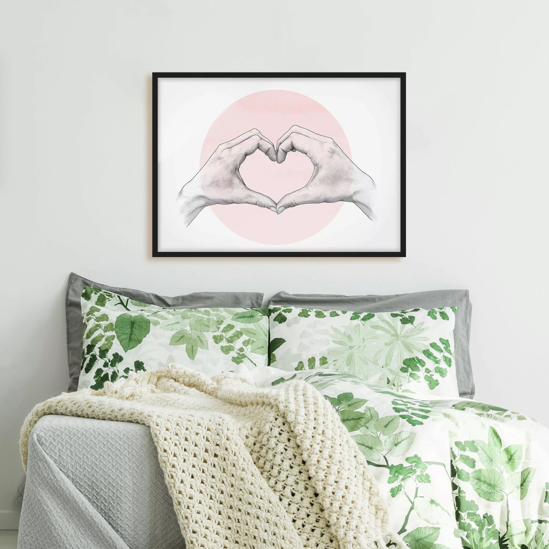 Bild mit Rahmen - Querformat Illustration Herz Hände Kreis Rosa Weiß günstig online kaufen