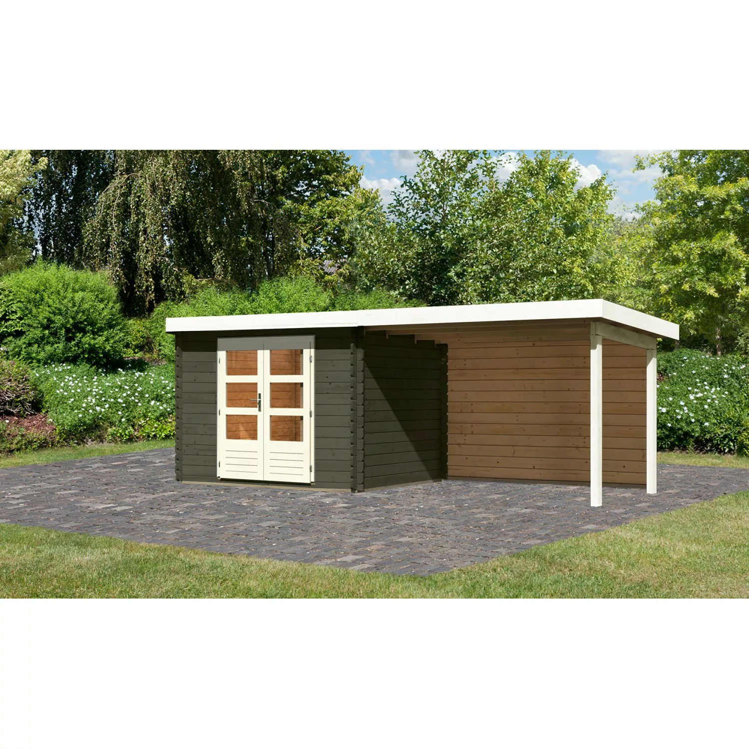 Karibu Gartenhaus Bastrup 3 Terragrau 297 cm x 237 cm mit Anbaudach günstig online kaufen