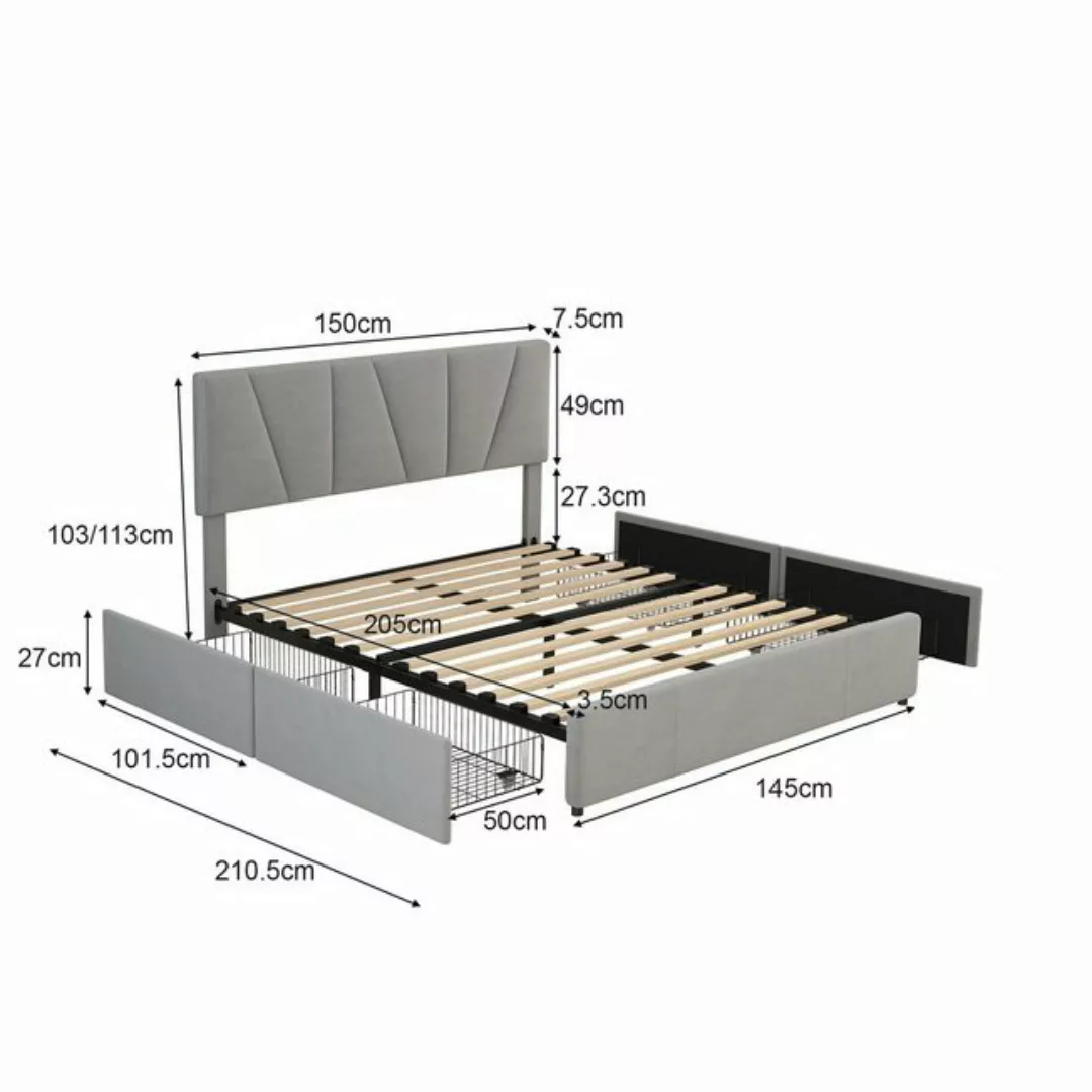 SOFTWEARY Polsterbett (Doppelbett mit Lattenrost und 4 Schubladen, 140x200 günstig online kaufen