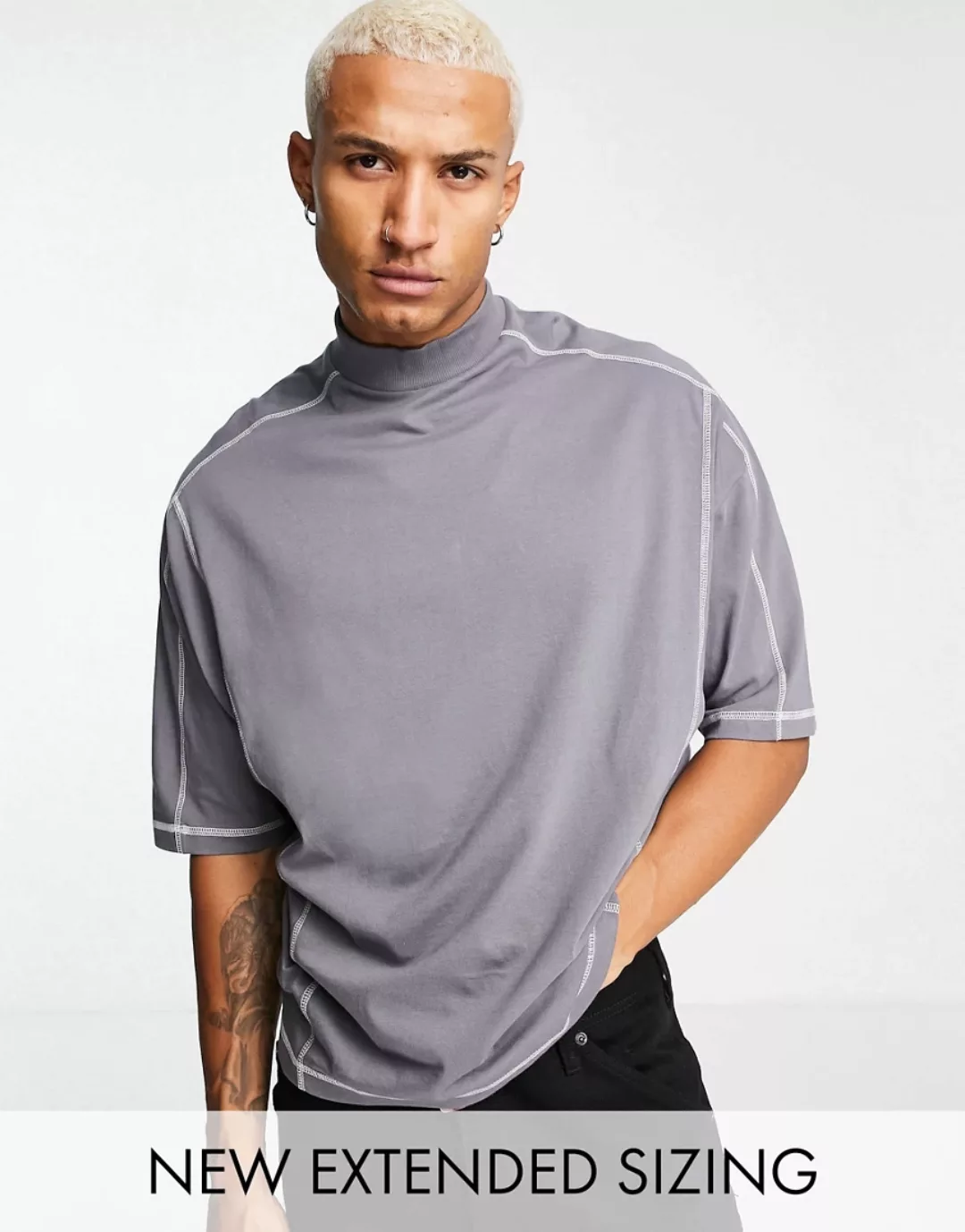 ASOS DESIGN – Oversize-T-Shirt in verwaschenem Schwarz mit Kontrastnaht-Grü günstig online kaufen
