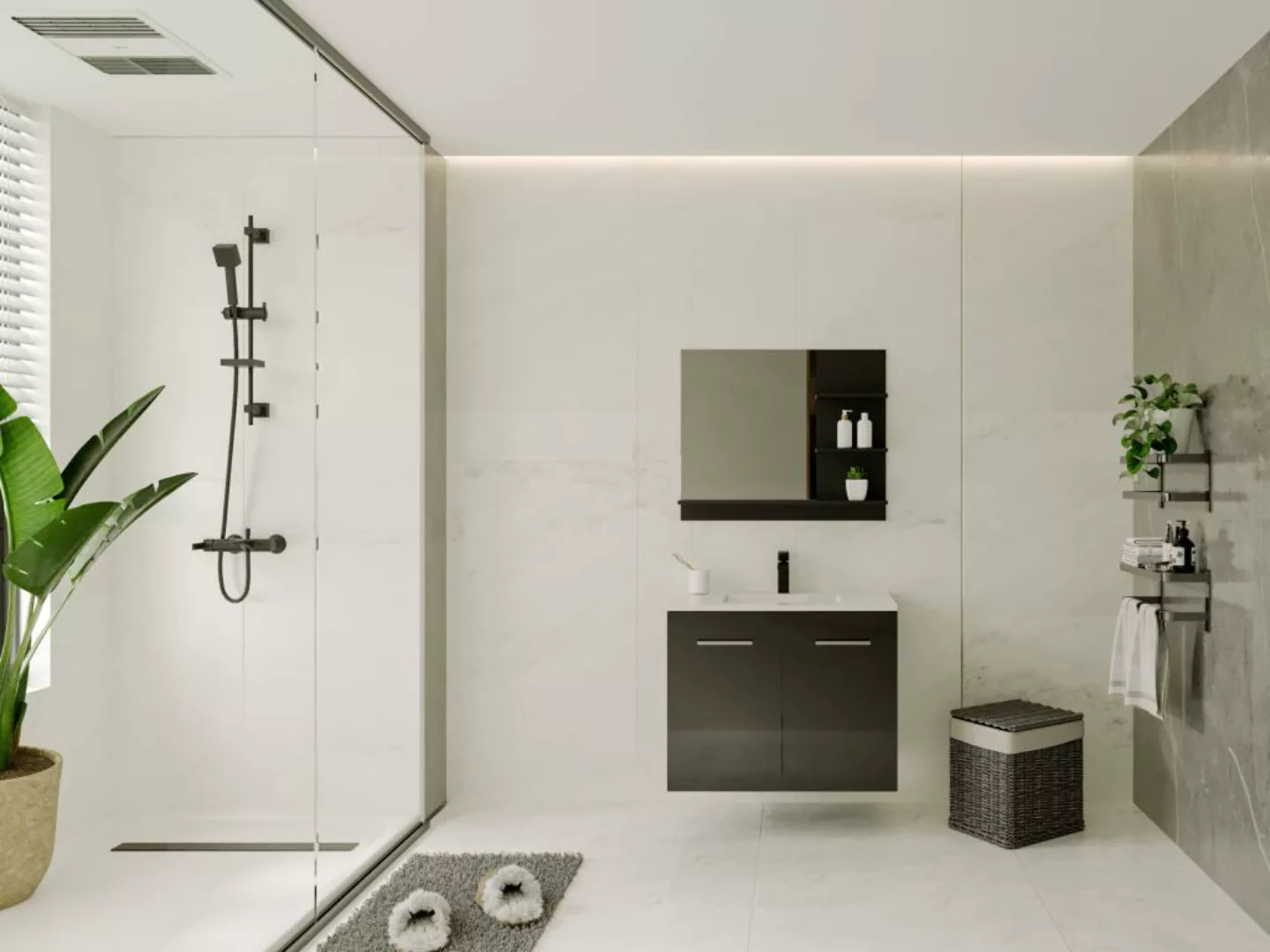 Badspiegel rechteckig mit Ablageflächen - 60 x 50 cm -Schwarz - LAURINE II günstig online kaufen