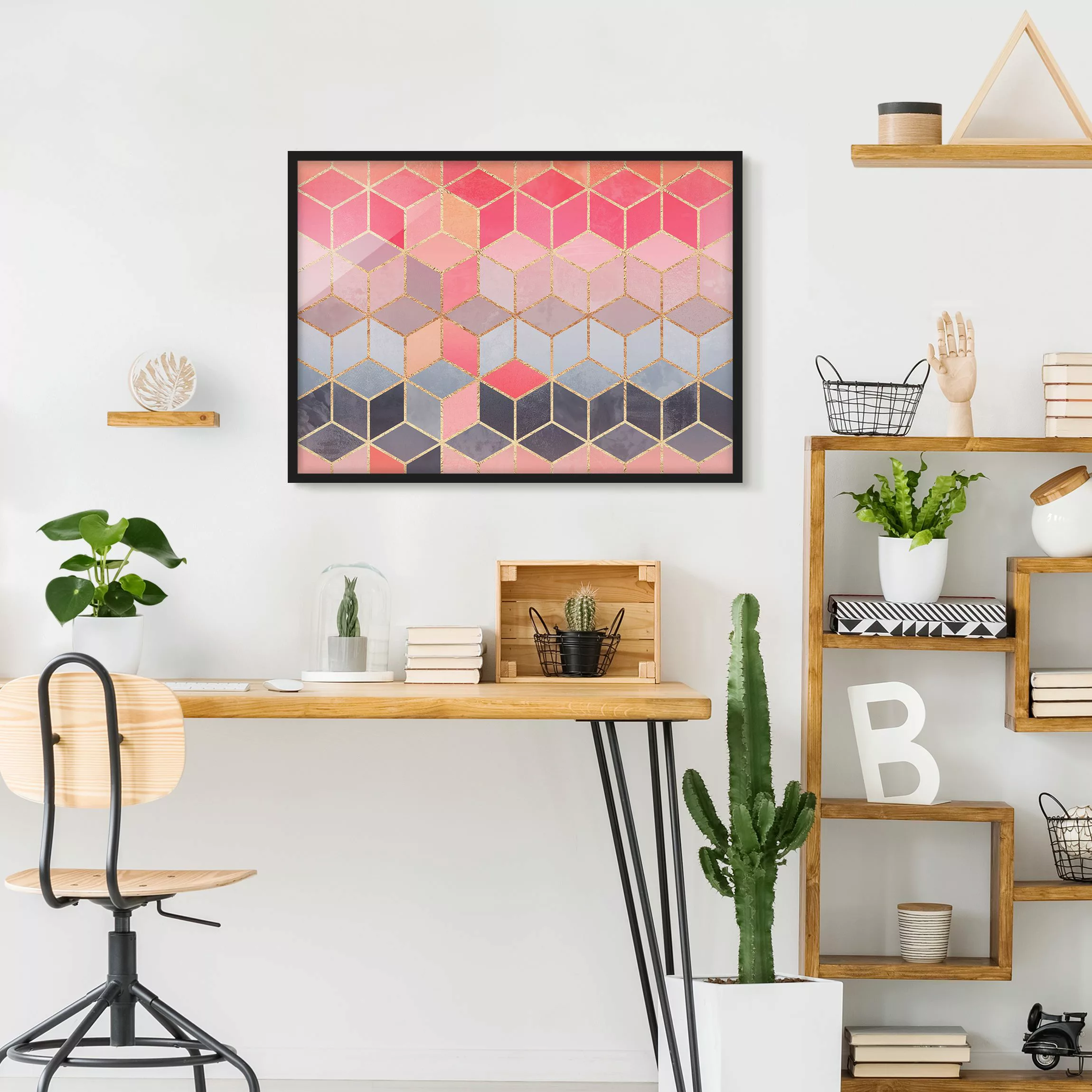 Bild mit Rahmen Abstrakt - Querformat Buntes Pastell goldene Geometrie günstig online kaufen