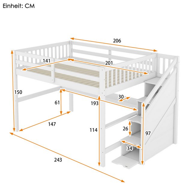 HAUSS SPLOE Hochbett 140 x 200 mit Treppe, Stauraumschubladen und Schreibti günstig online kaufen