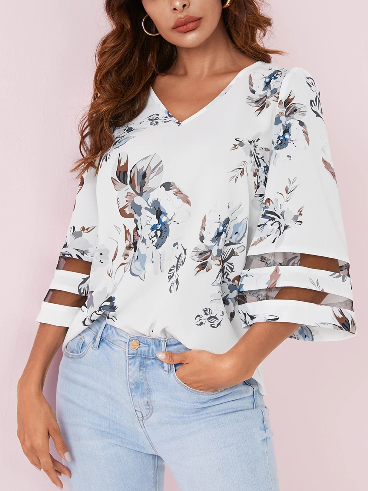 YOINS Random Blumendruck-Bluse mit V-Ausschnitt und Blumenmuster günstig online kaufen