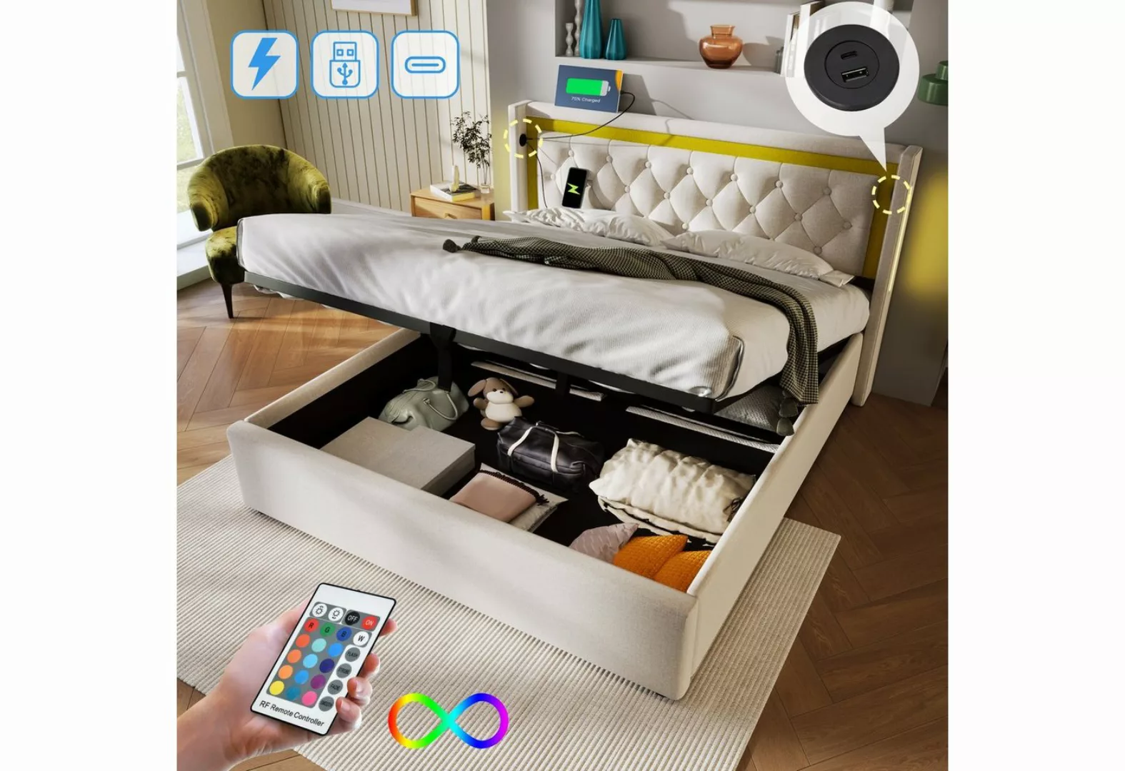 Fangqi Polsterbett LED Doppelbett Stauraum Bettkasten mit USB Typ C Ladefun günstig online kaufen