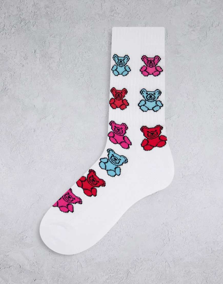 ASOS DESIGN – Sportsocken in Weiß mit Teddybären-Motiv in Regenbogenfarben günstig online kaufen