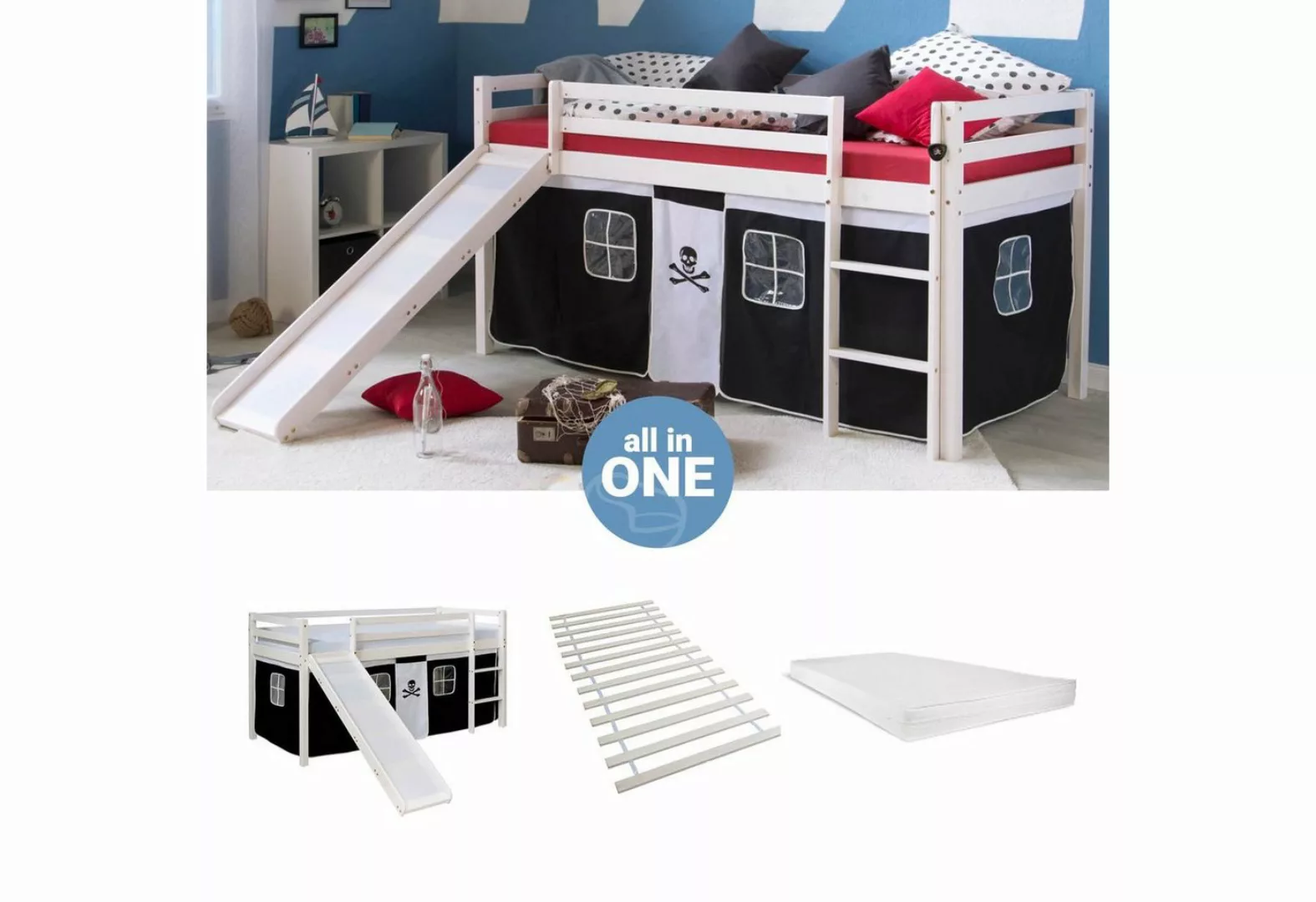 Homestyle4u Hochbett 90x200 cm Kinderbett Weiß mit Vorhang Spielbett für 1 günstig online kaufen