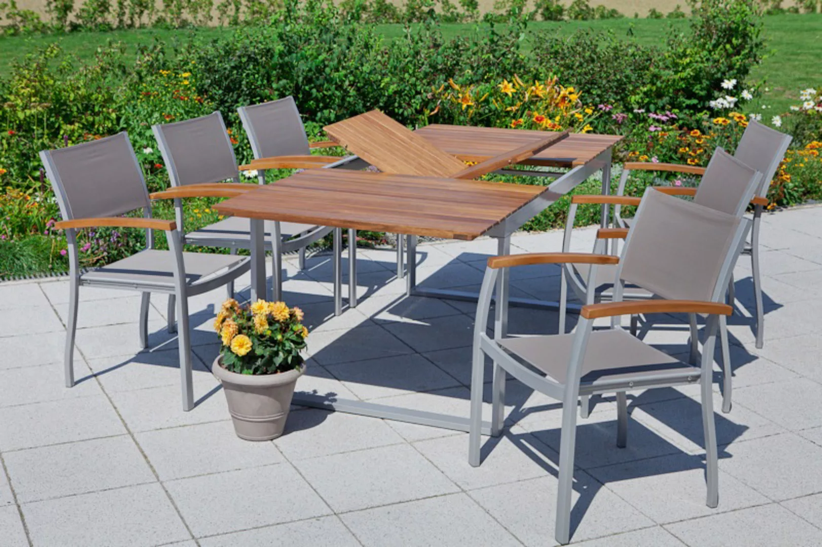 MERXX Garten-Essgruppe "Naxos", (7 tlg., 6x Stapelsessel, 1x Ausziehtisch 1 günstig online kaufen