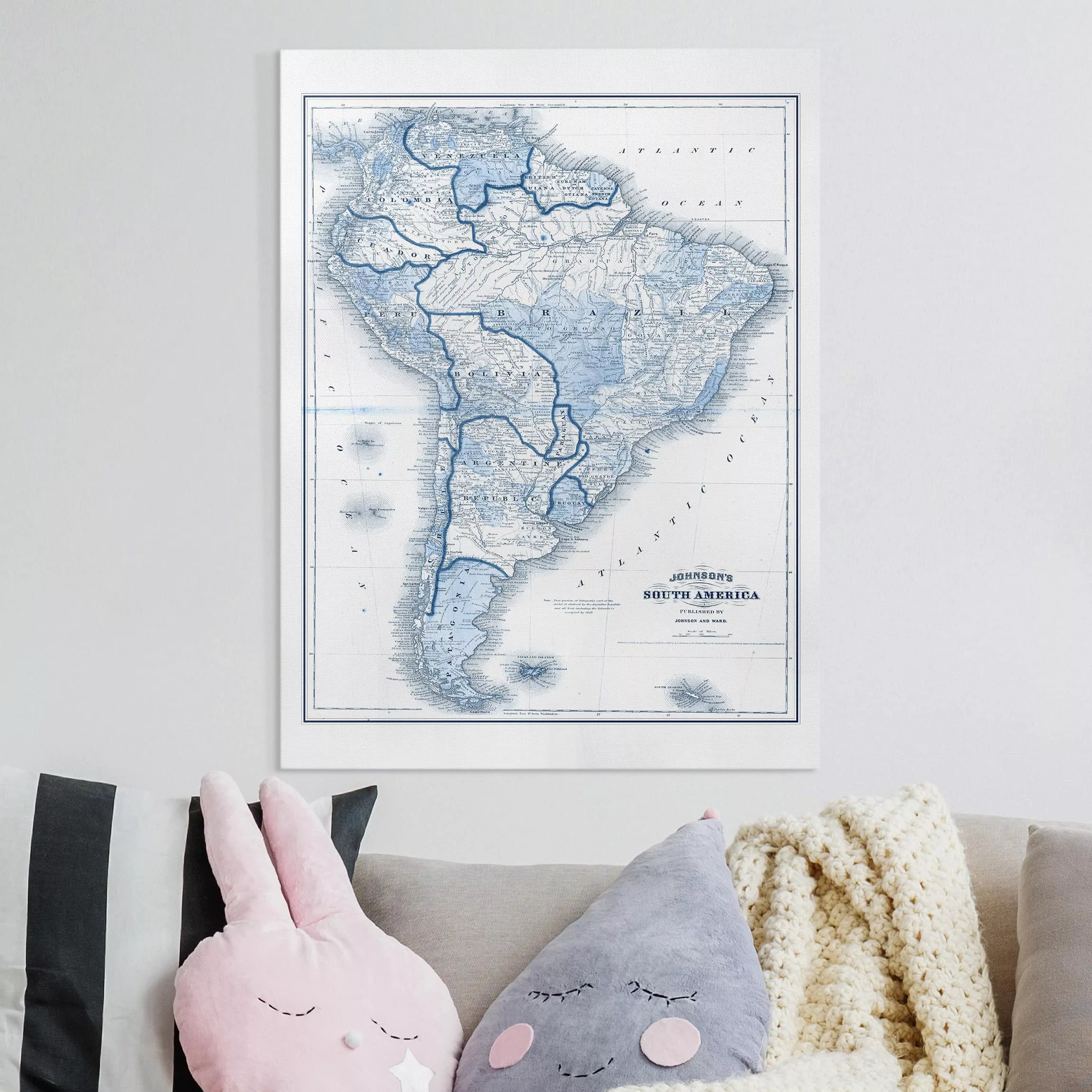 Leinwandbild Landkarte - Hochformat Karte in Blautönen - Südamerika günstig online kaufen