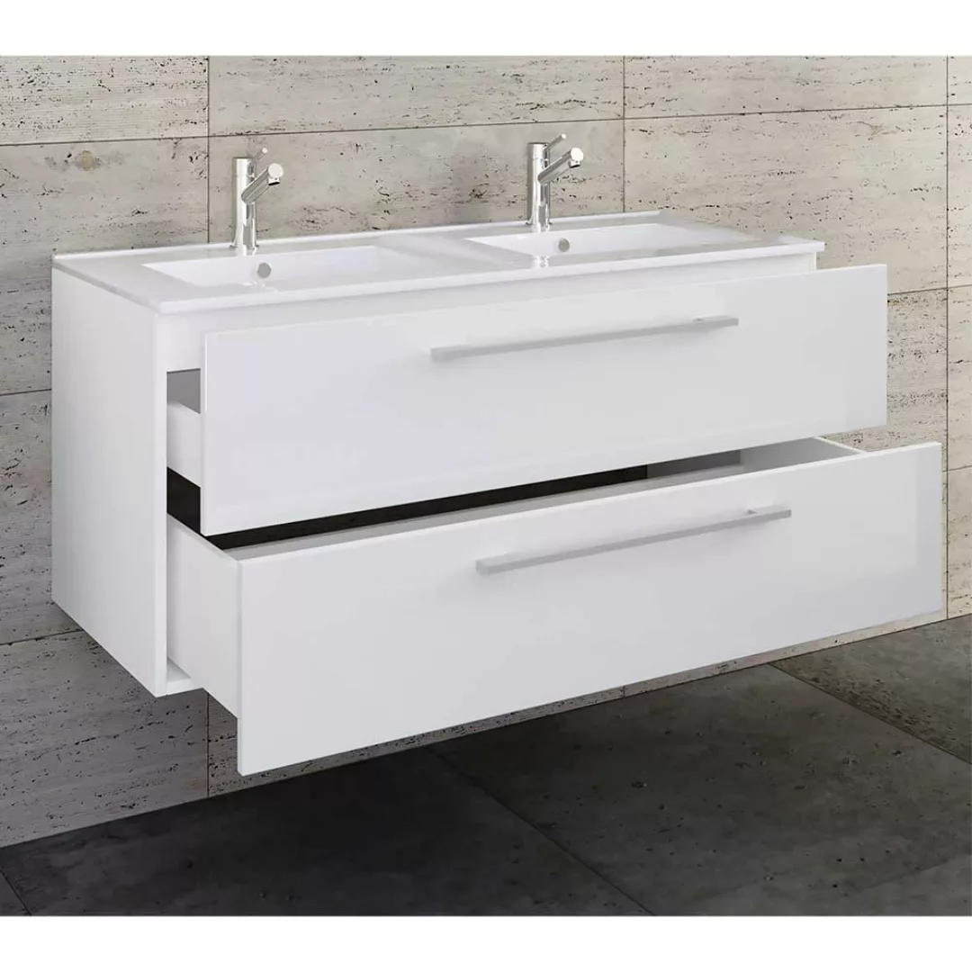 Doppel Waschbeckenunterschrank in Weiß Hochglanz zwei Schubladen günstig online kaufen