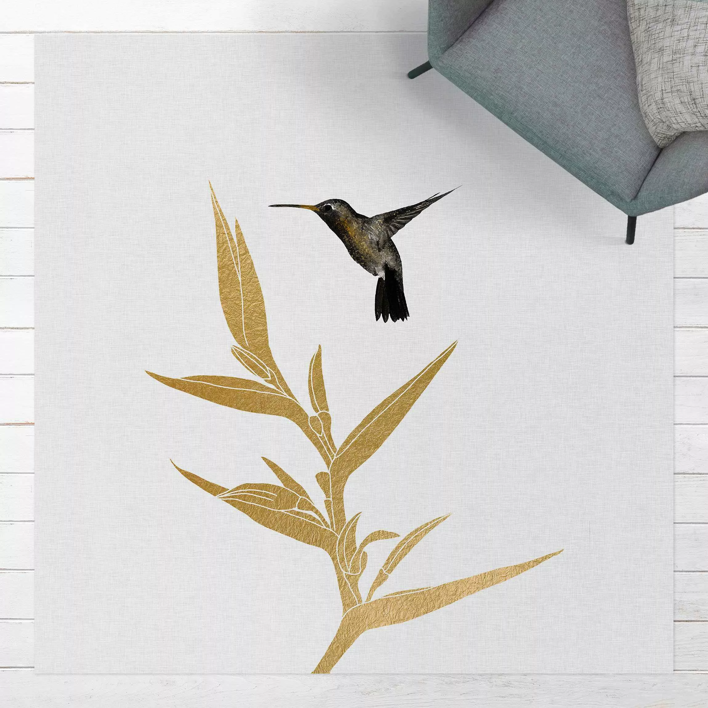 Vinyl-Teppich Kolibri und tropische goldene Blüte II günstig online kaufen