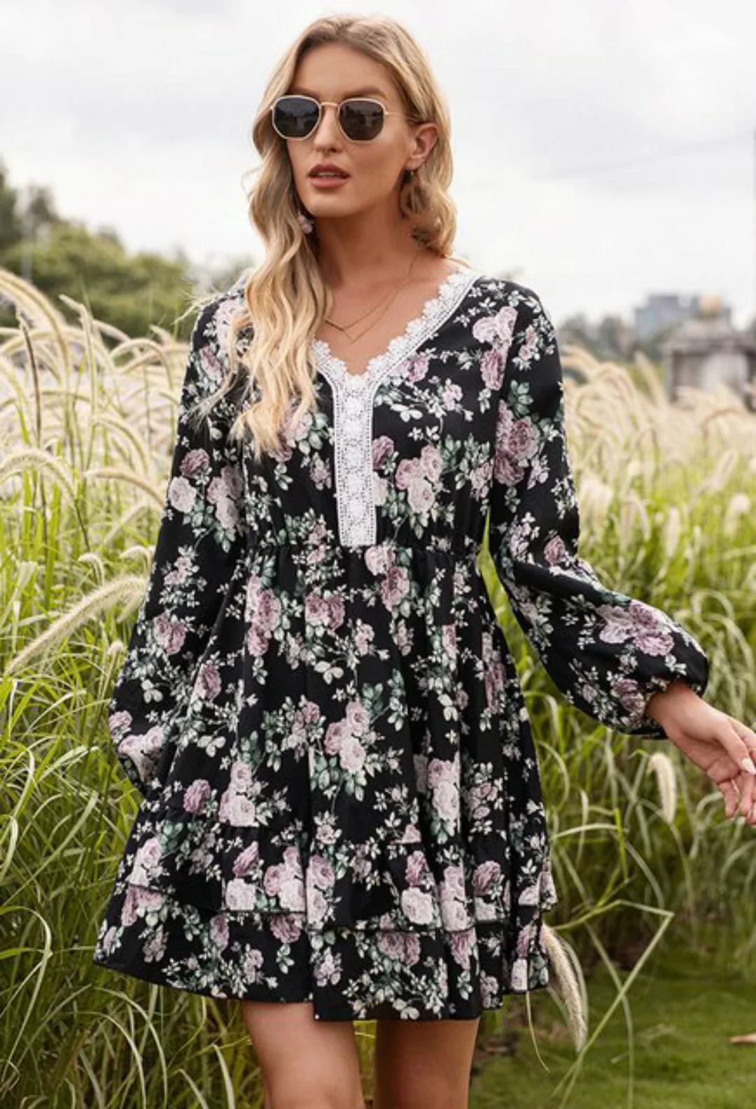 CHENIN Druckkleid Langärmliges kleid aus spitze mit blumenmuster für damen günstig online kaufen