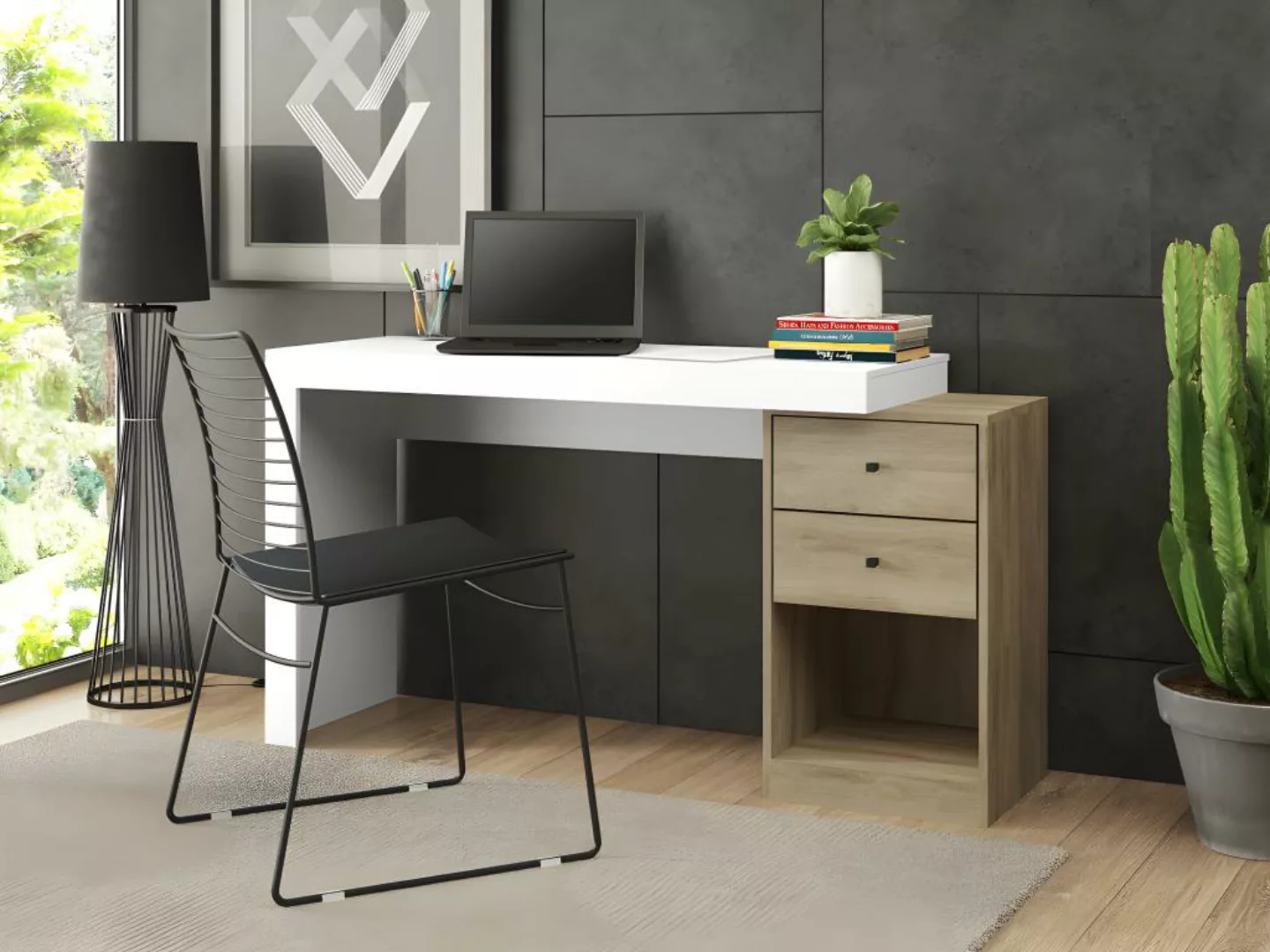 Schreibtisch ausziehbar mit 2 Schubladen & 1 Ablage - Weiß & Eichefarben - günstig online kaufen