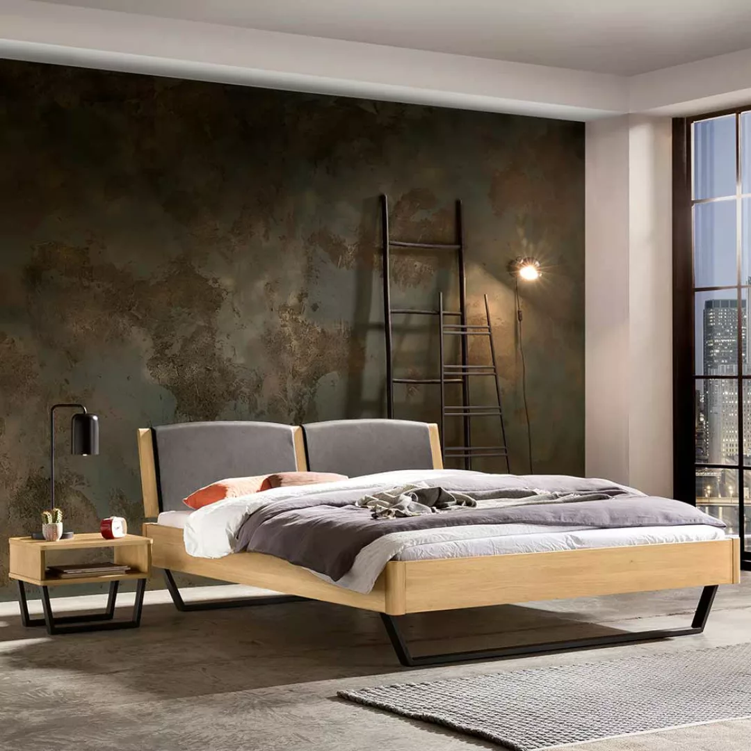 Massivholz Bett mit Kufen - Eiche hell und Metall 146 cm breit günstig online kaufen