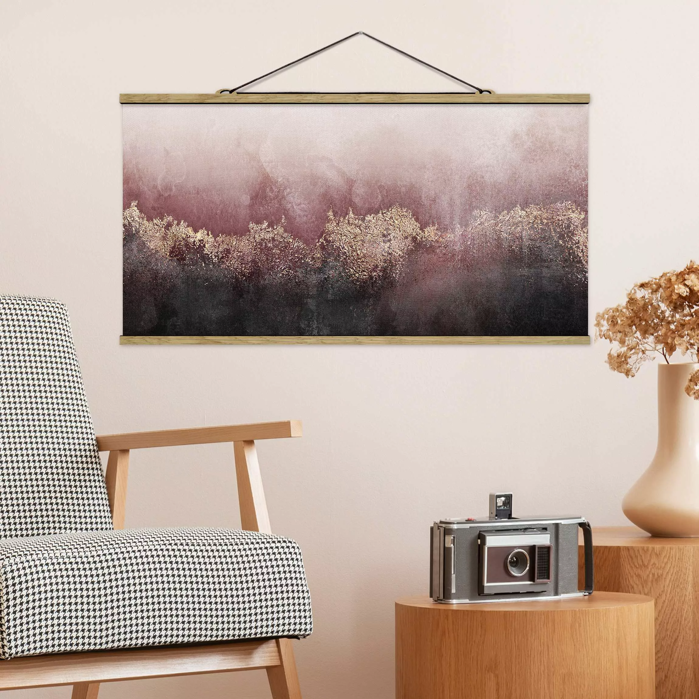 Stoffbild Abstrakt mit Posterleisten - Querformat Goldene Dämmerung Rosa günstig online kaufen