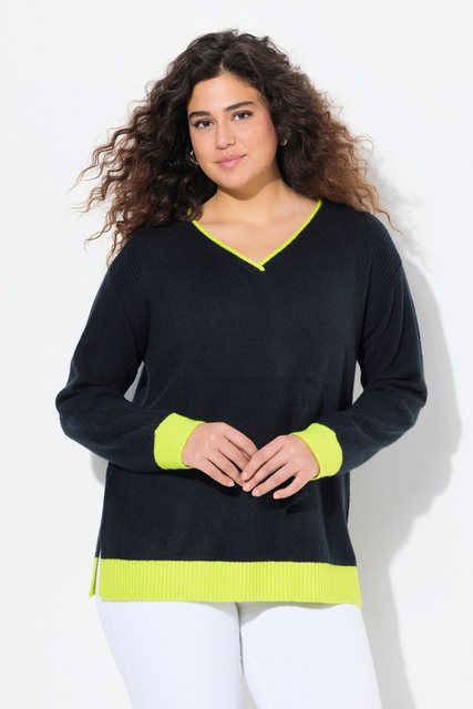 Ulla Popken Strickpullover Pullover Neon-Bündchen V-Ausschnitt Langarm günstig online kaufen