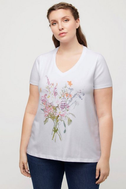 Ulla Popken T-Shirt T-Shirt Blumenstrauß Classic V-Ausschnitt Halbarm günstig online kaufen