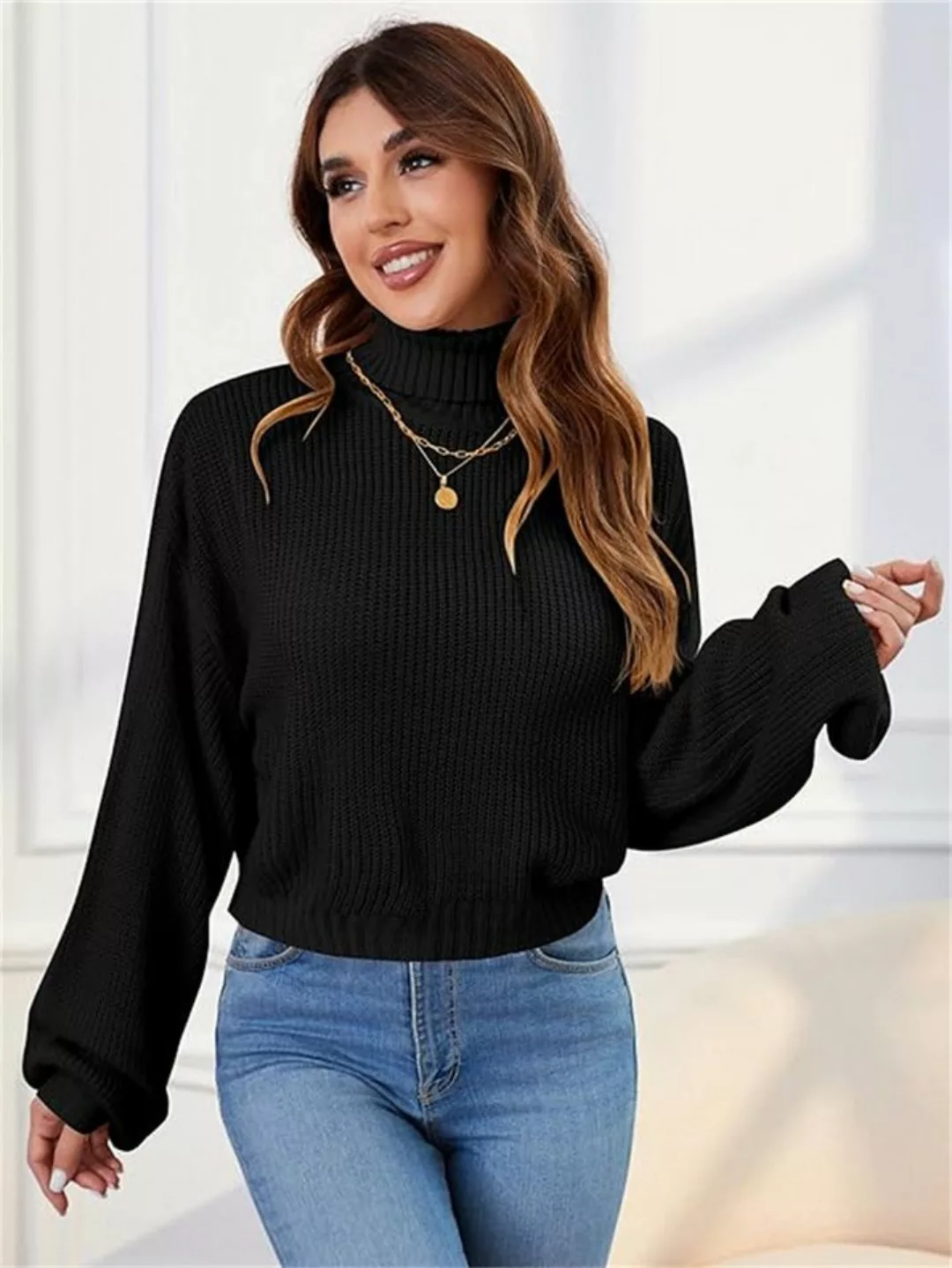 RUZU UG Strickpullover Damen-Pullover mit Langen Ärmeln, Crop-Pullover günstig online kaufen