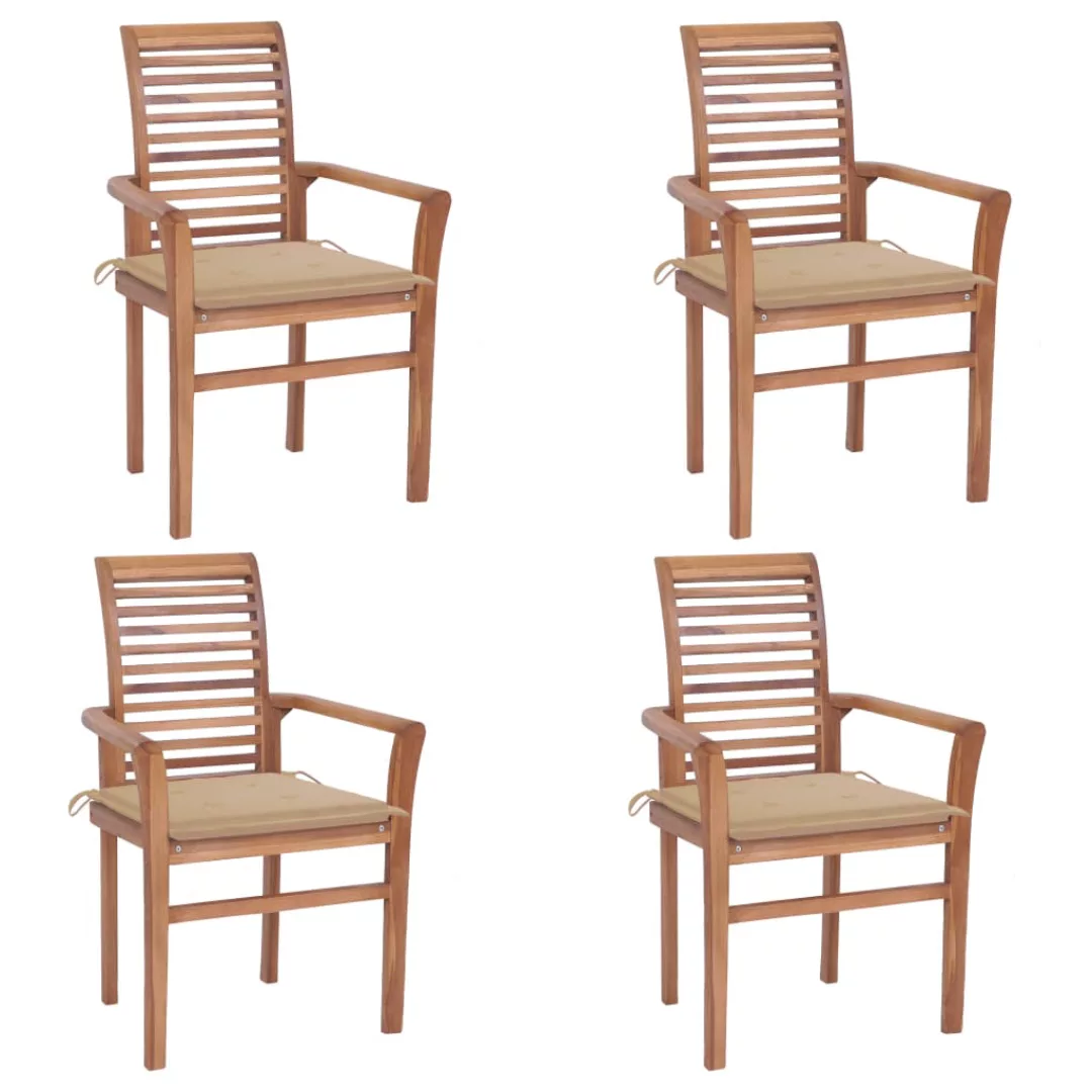 Essstühle 4 Stk. Mit Beige Kissen Massivholz Teak günstig online kaufen