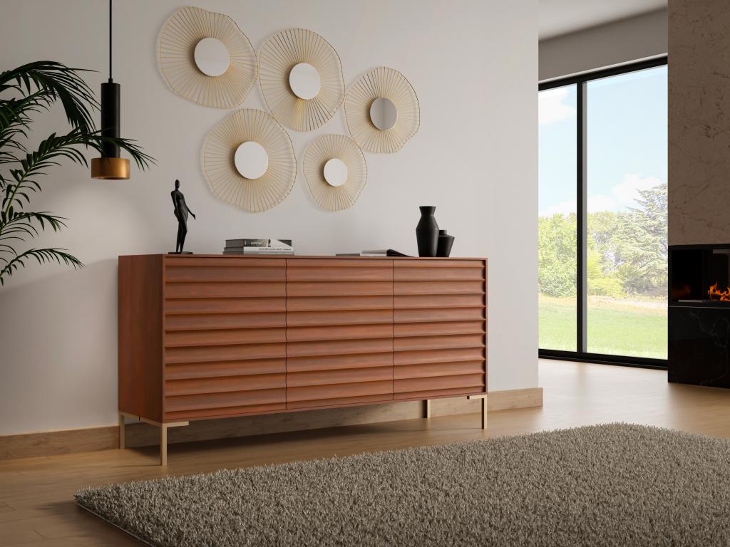 Sideboard mit 3 Türen - Mangoholz & goldfarbenes Metall - Holzfarben dunkel günstig online kaufen