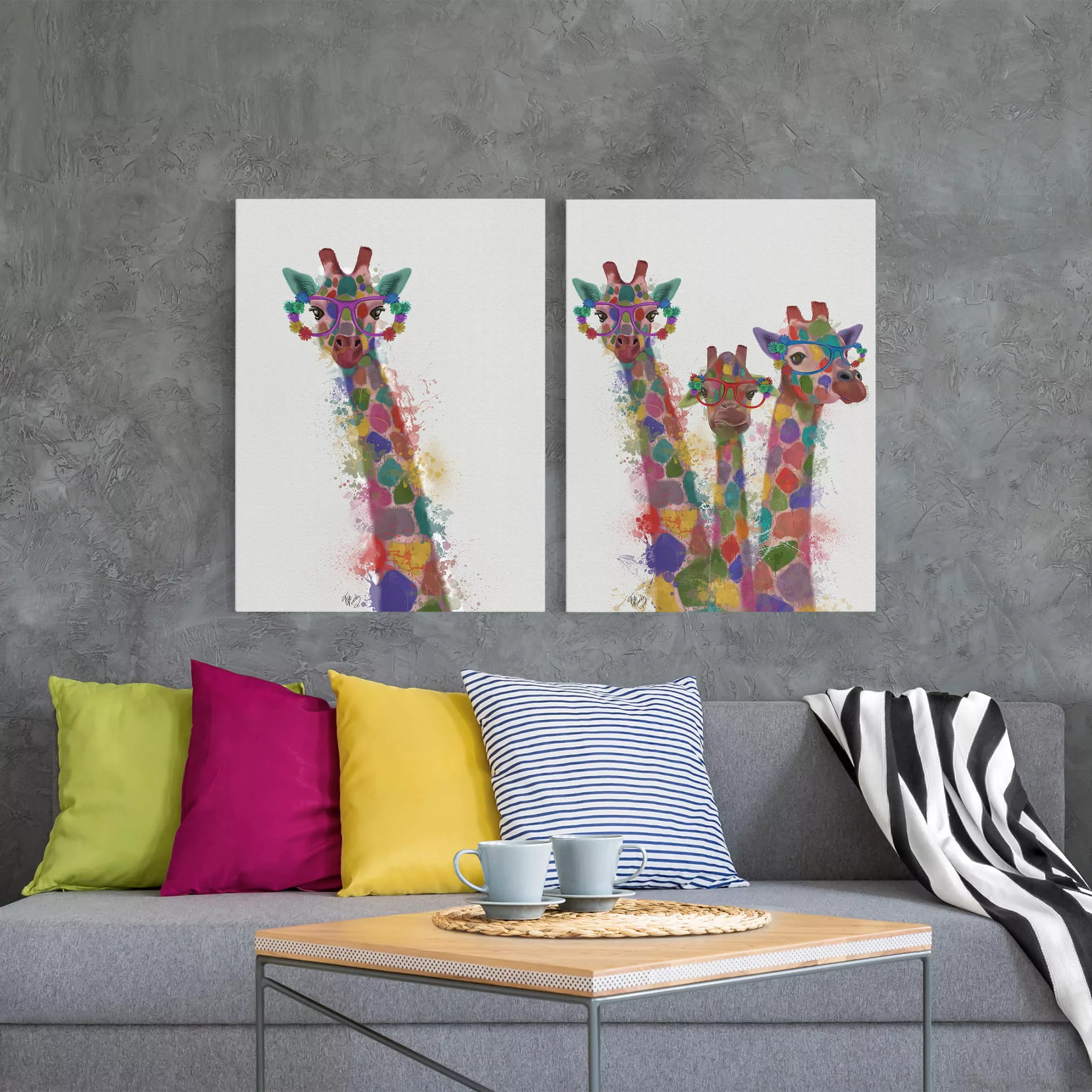 2-teiliges Leinwandbild Kinderzimmer - Hochformat Regenbogen Splash Giraffe günstig online kaufen
